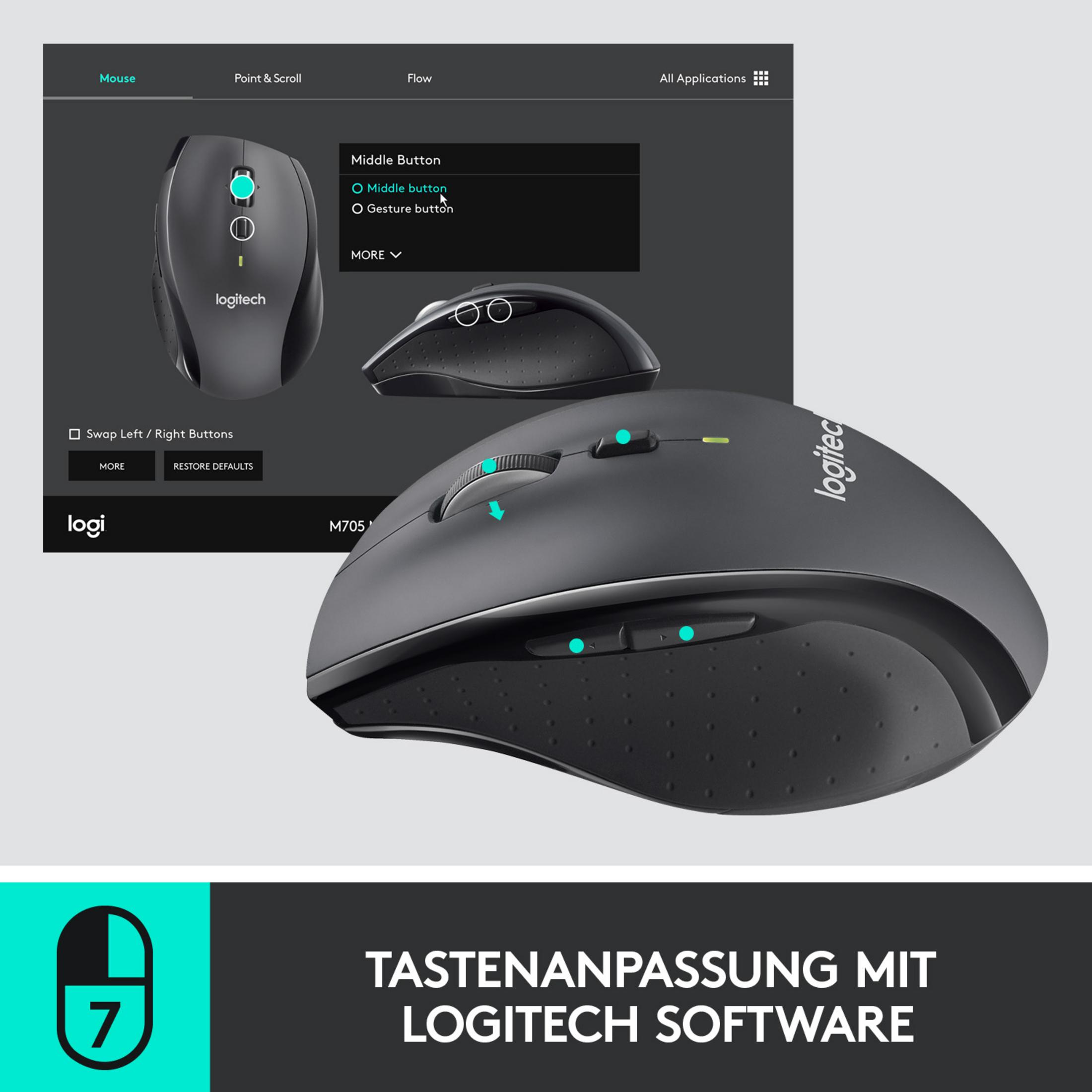 Logitech-Maus mit On-Screen-Software. Die Maus ist schwarz.