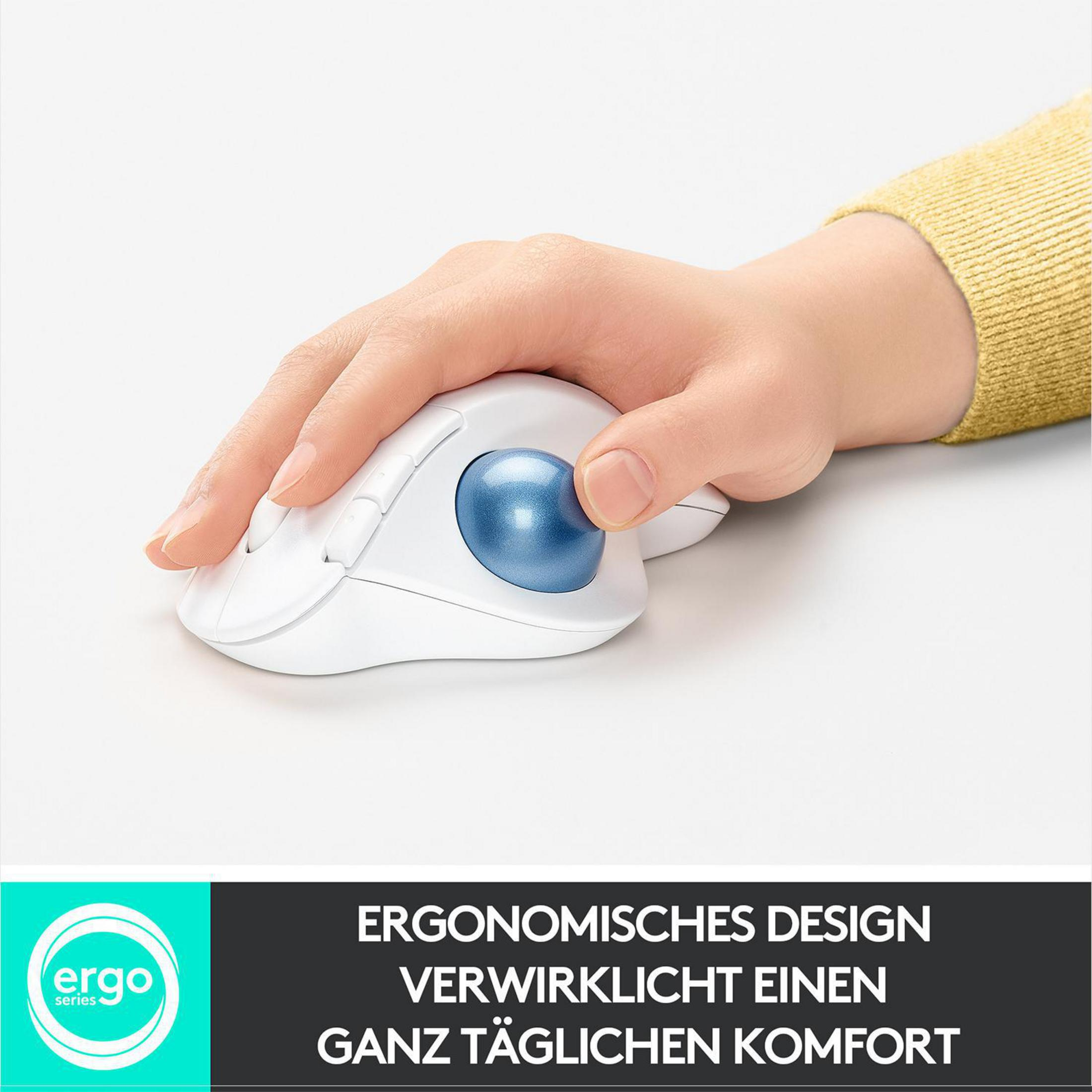 Biała mysz z niebieską kulką, tekst: Ergonomiczny design, codzienna wygoda.