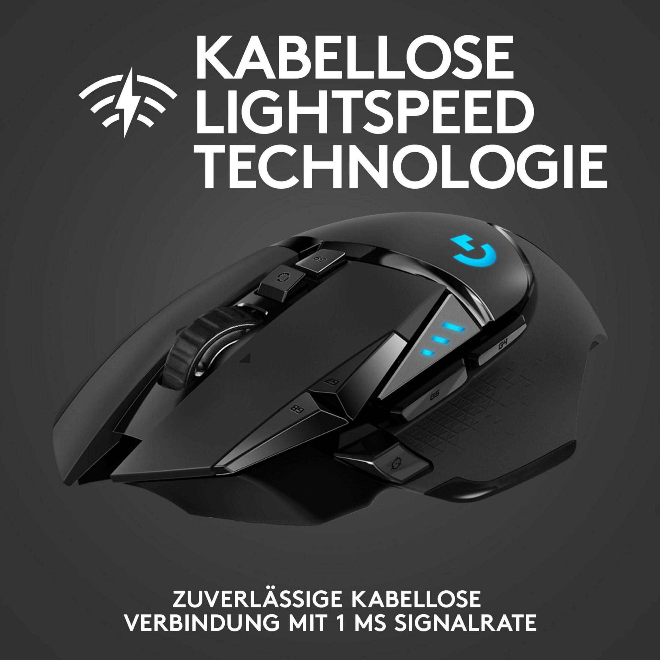 Mouse da gioco wireless nero con luci blu su sfondo scuro.