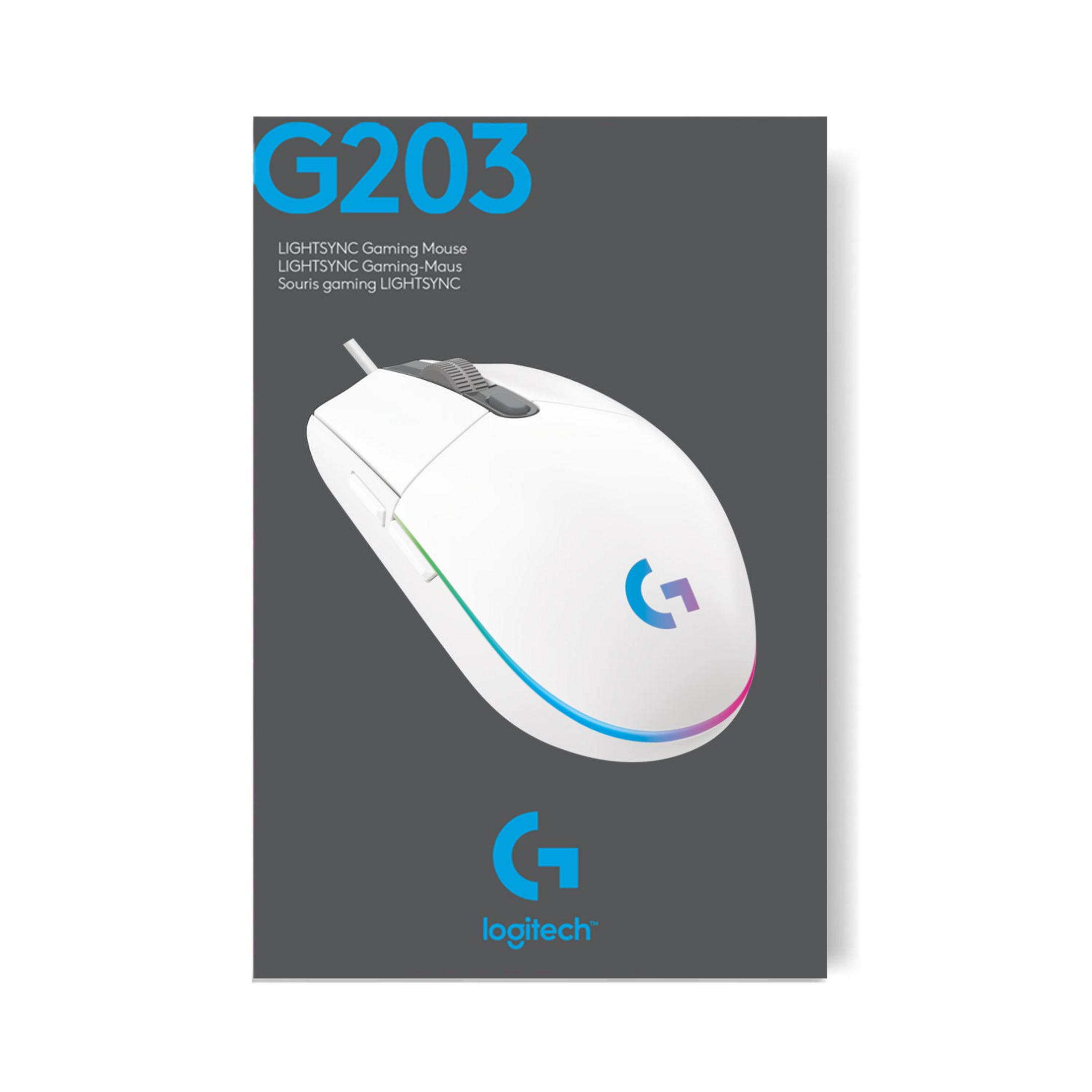 Biała mysz gamingowa Logitech G203 na szarej powierzchni, z logo.