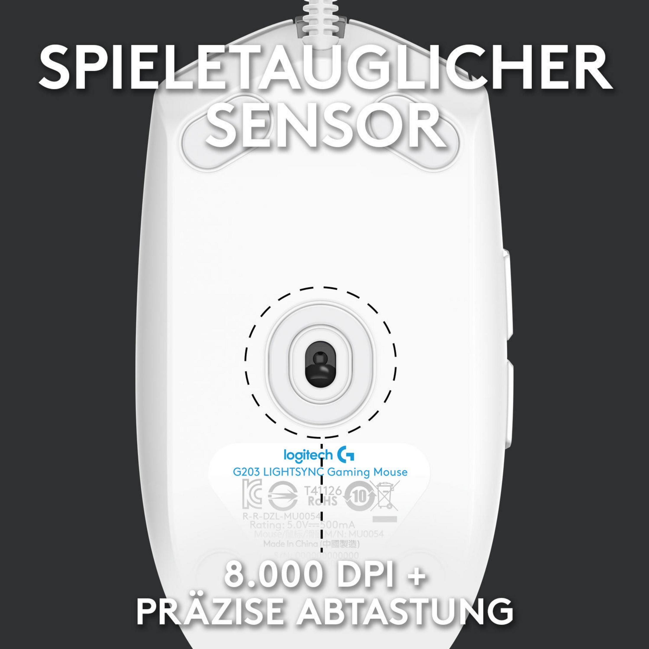 Biała mysz gamingowa. Tekst brzmi: "Sensor do gier" i "8.000 DPI + Precyzyjne skanowanie".