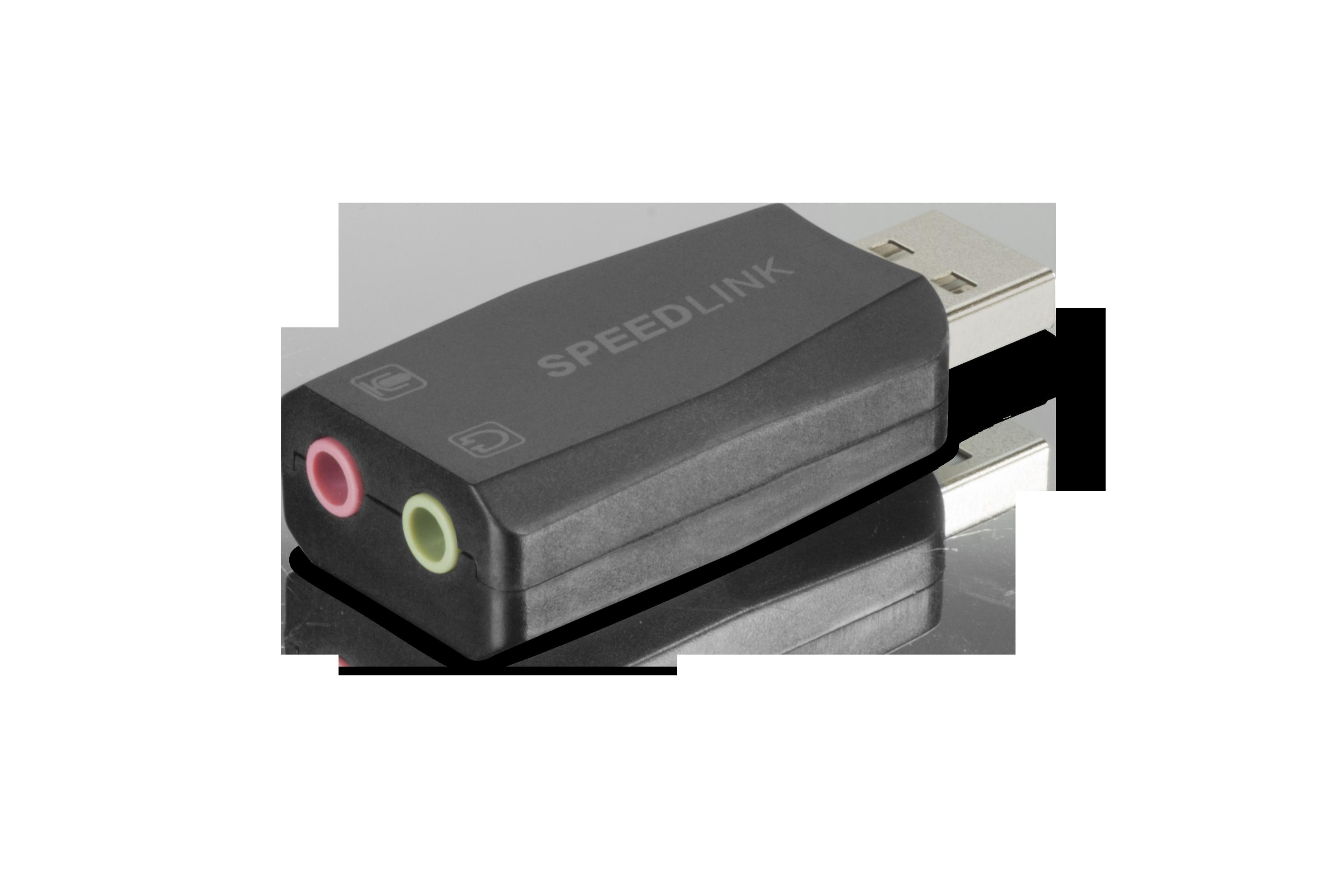 Czarny adapter audio USB SPEEDLINK z różowymi i zielonymi gniazdami audio.