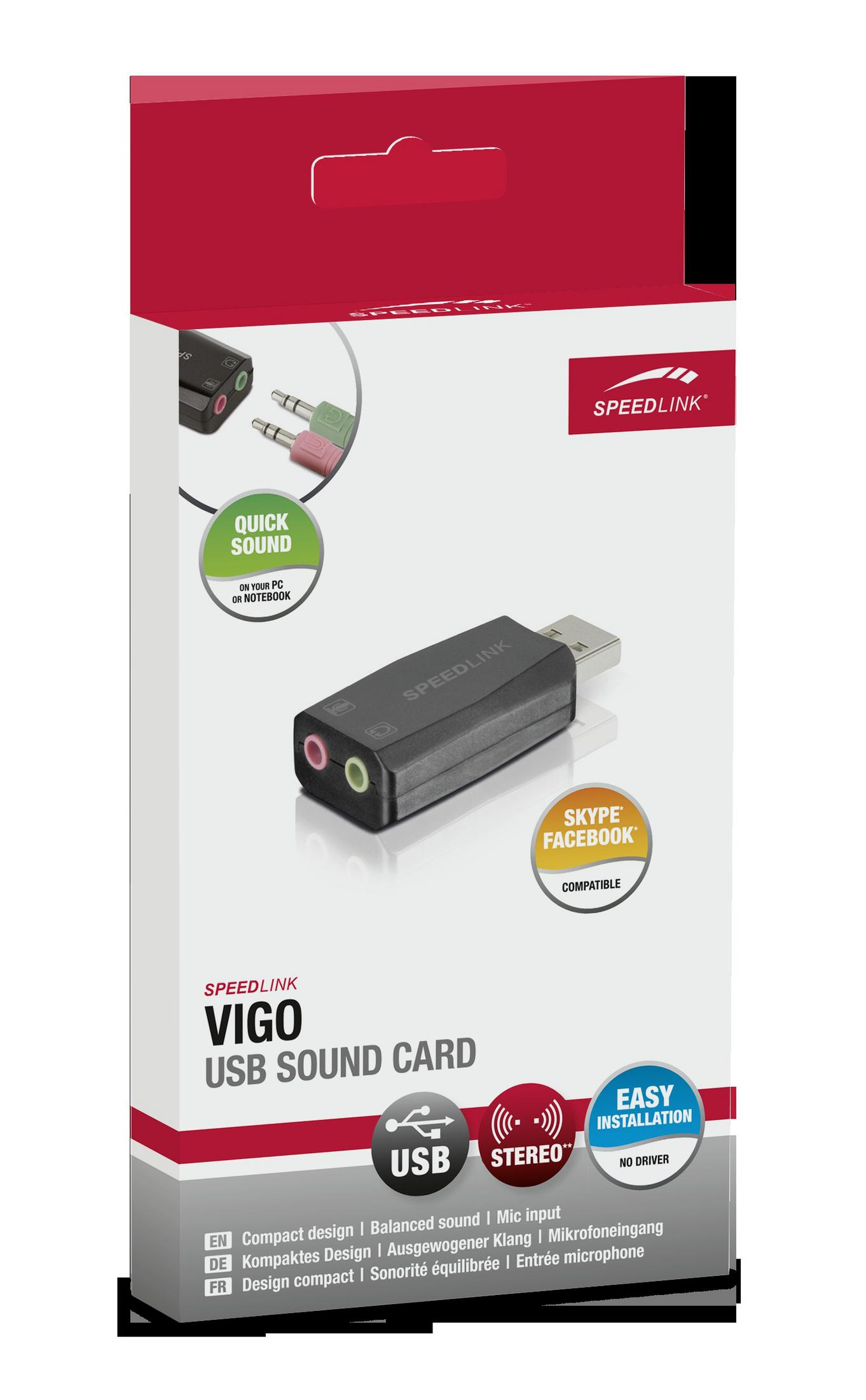 Opakowanie karty dźwiękowej USB VIGO, pokazujące porty i etykiety tekstowe dla szybkiego dźwięku i stereo.