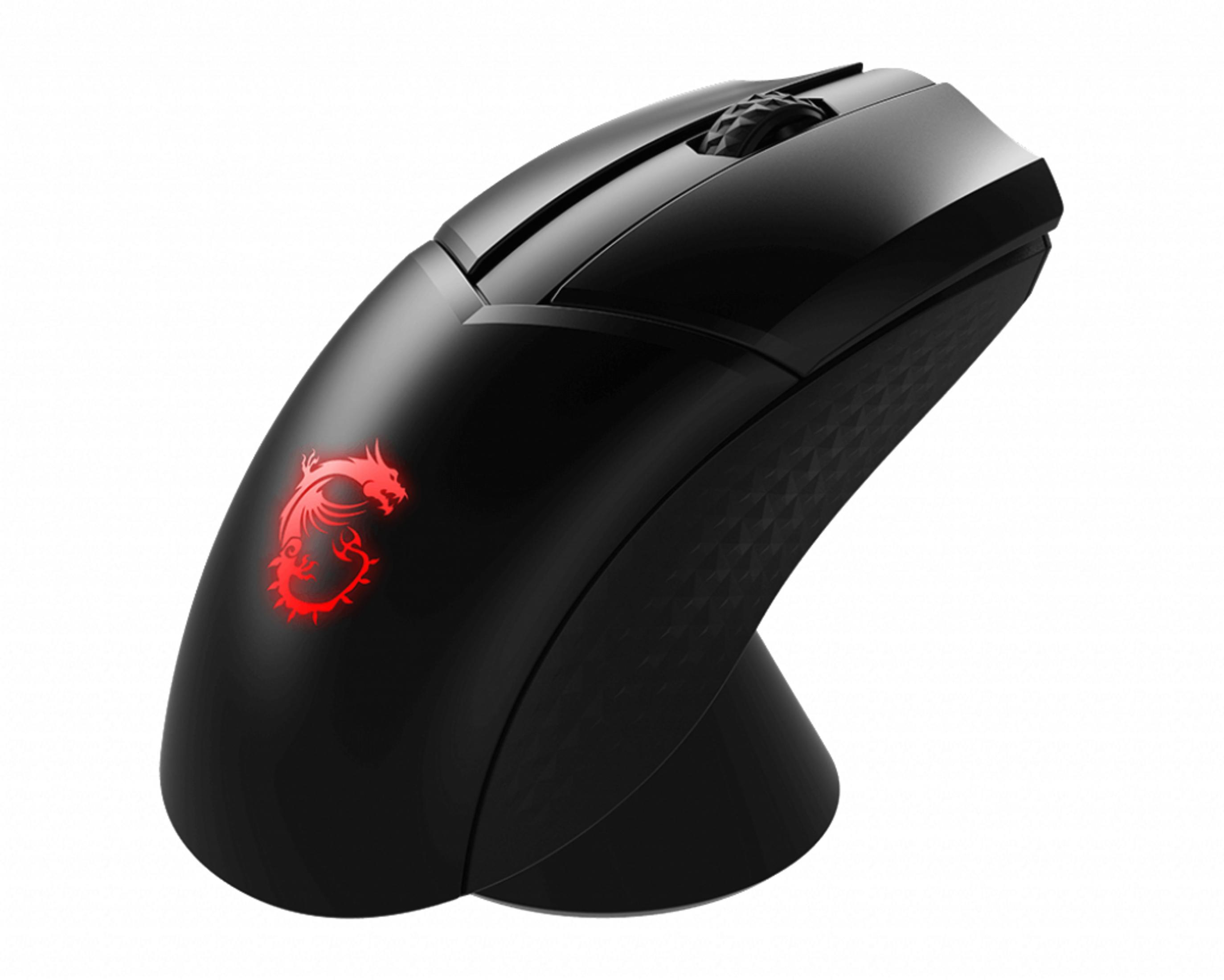 Ratón gaming MSI negro, logo dragón rojo.