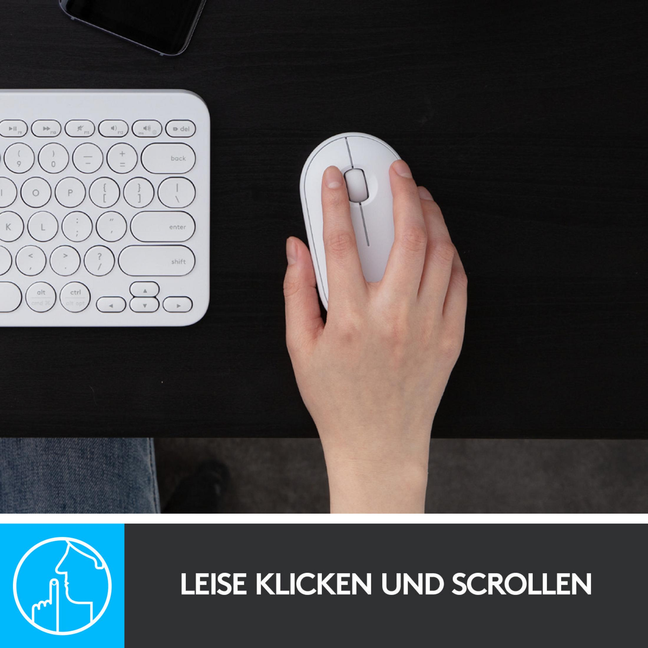 Una mano usa un mouse bianco accanto a una tastiera bianca su una scrivania nera. Testo: 'Clic silenzioso'.