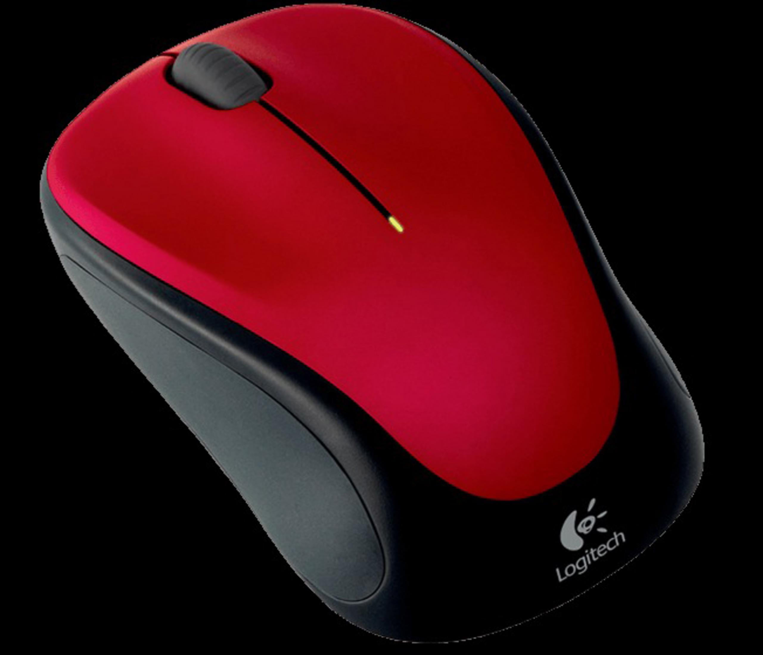 Une souris sans fil Logitech rouge et noire. Le logo Logitech est visible.