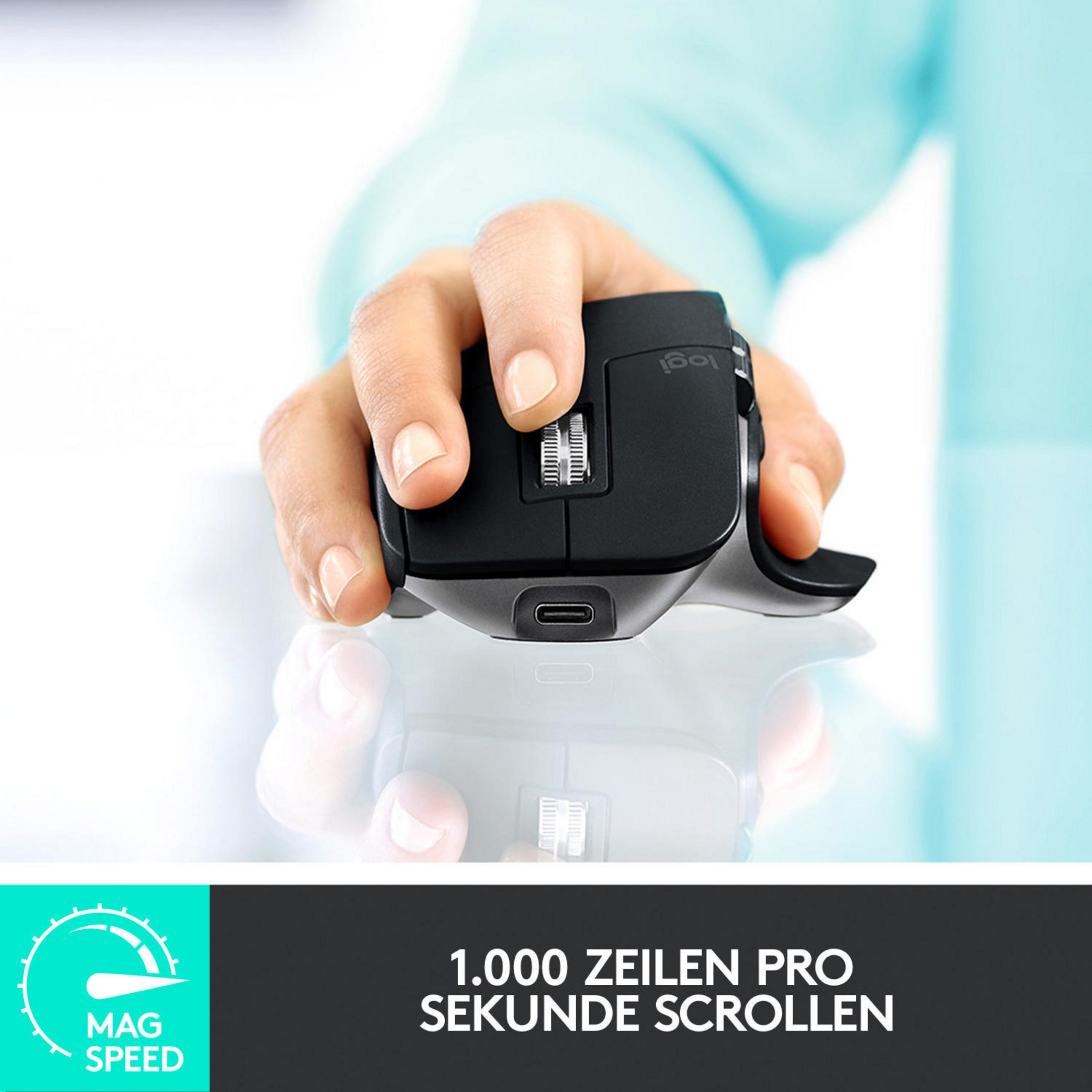 Mouse Logitech nero in uso, che mostra la rotella di scorrimento, testo tedesco sotto.