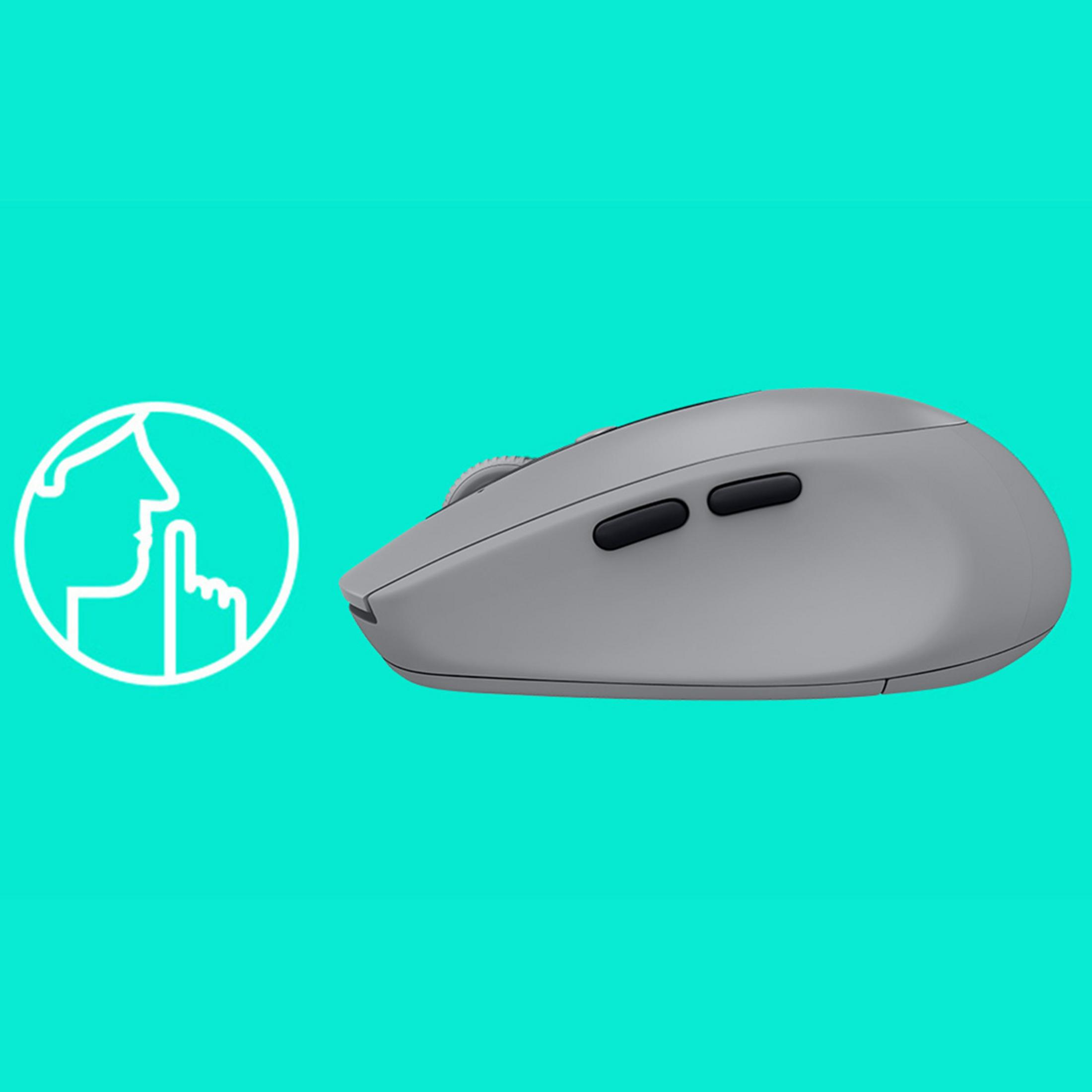 Szara mysz Logitech z ikoną wyciszenia obok, na turkusowym tle.
