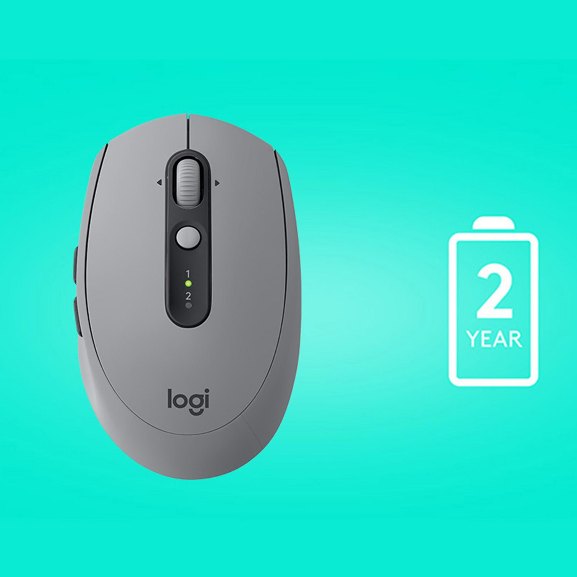 Szara bezprzewodowa mysz komputerowa. Żywotność baterii jest oznaczona ikoną 2 lata.