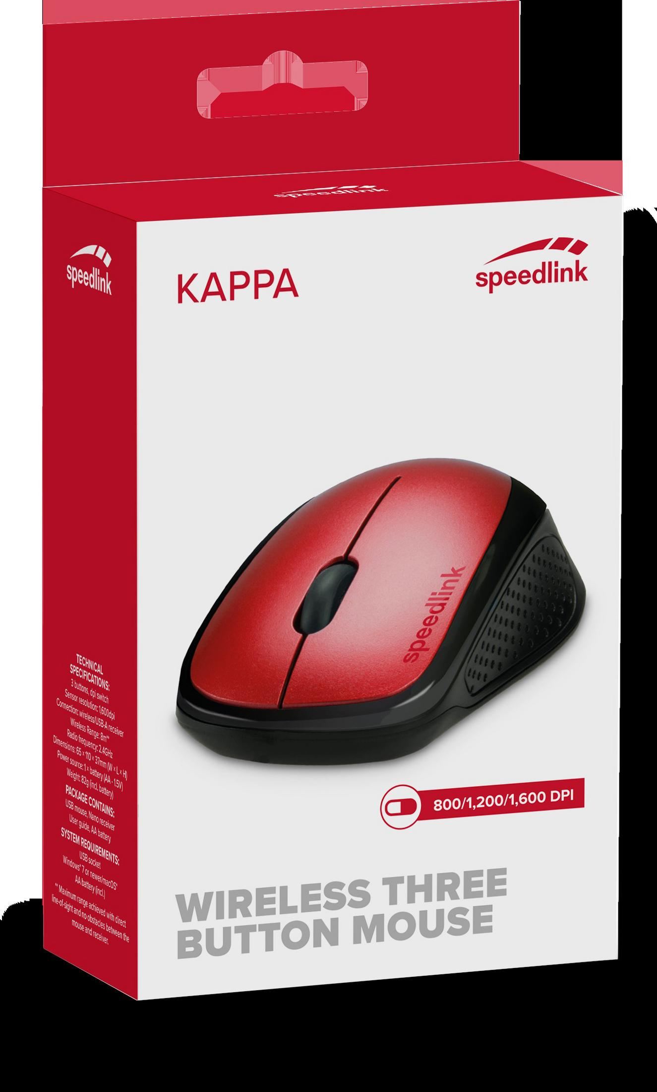 Czerwona i czarna mysz bezprzewodowa w czerwono-białym pudełku. Pudełko mówi "KAPPA".