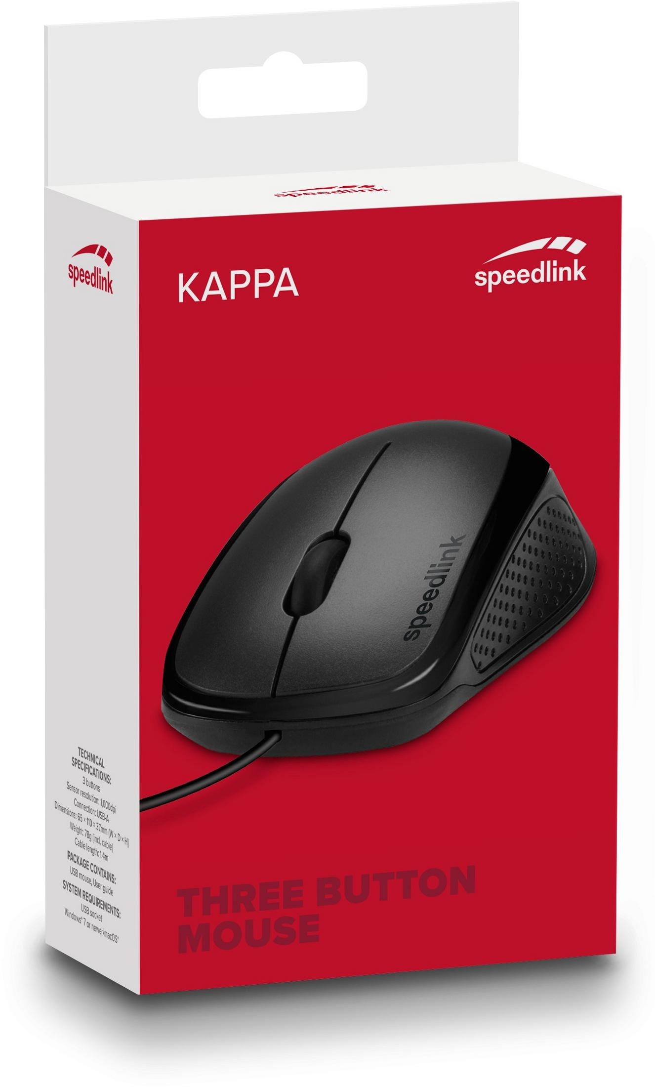 Souris d'ordinateur noire sur une boîte rouge et blanche. La boîte montre une souris noire. La marque est Speedlink.