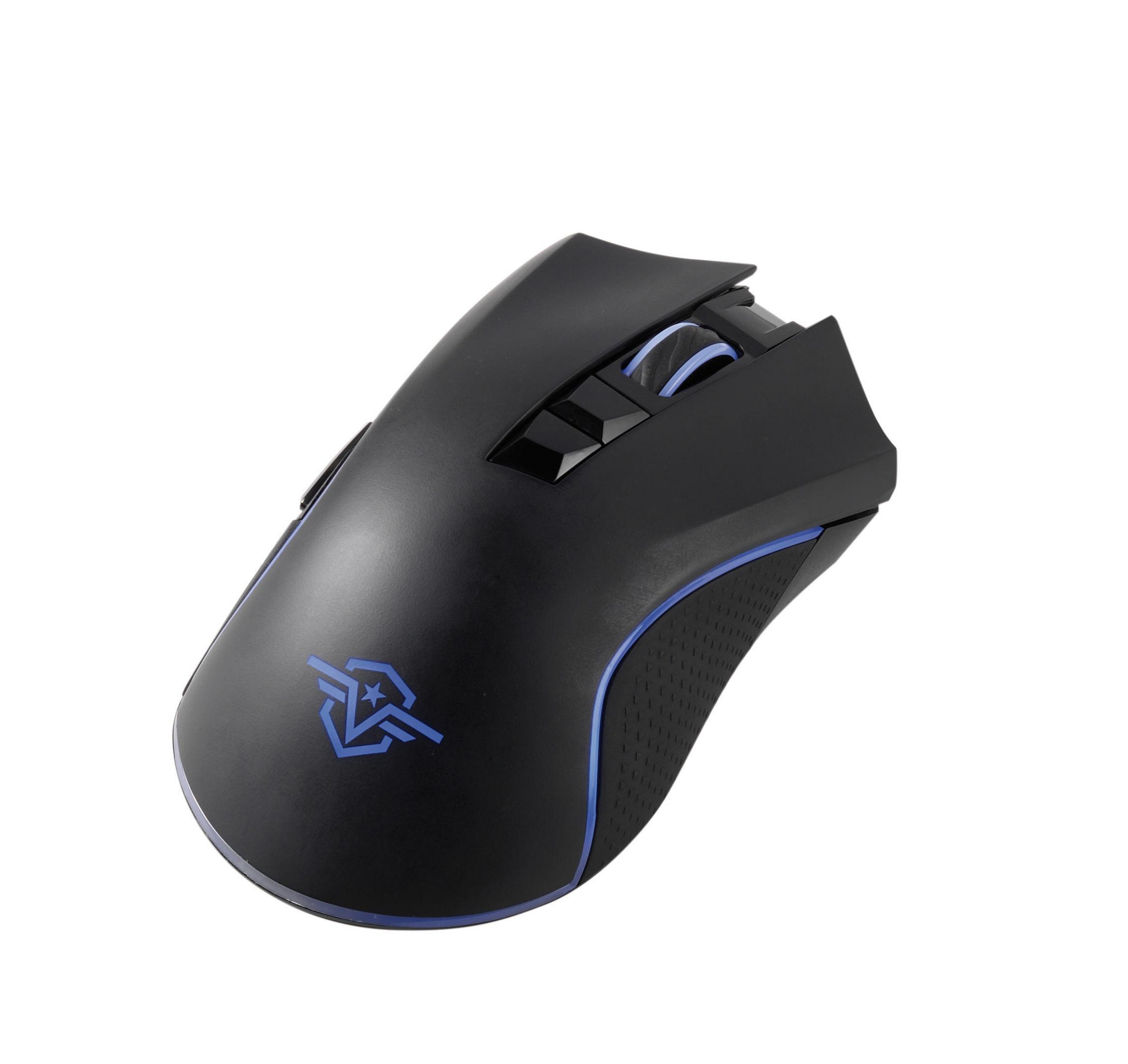 Ratón de ordenador negro con detalles azules y logotipo, sobre fondo blanco.