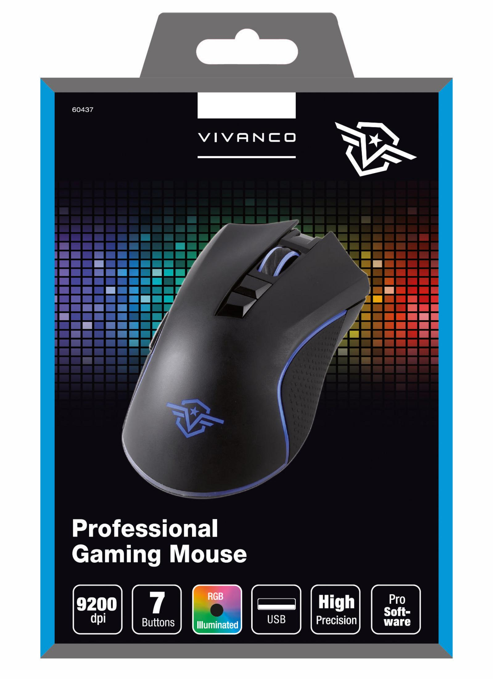 Ratón gaming en una caja. Negro con detalles azules, 7 botones e iluminación RGB.