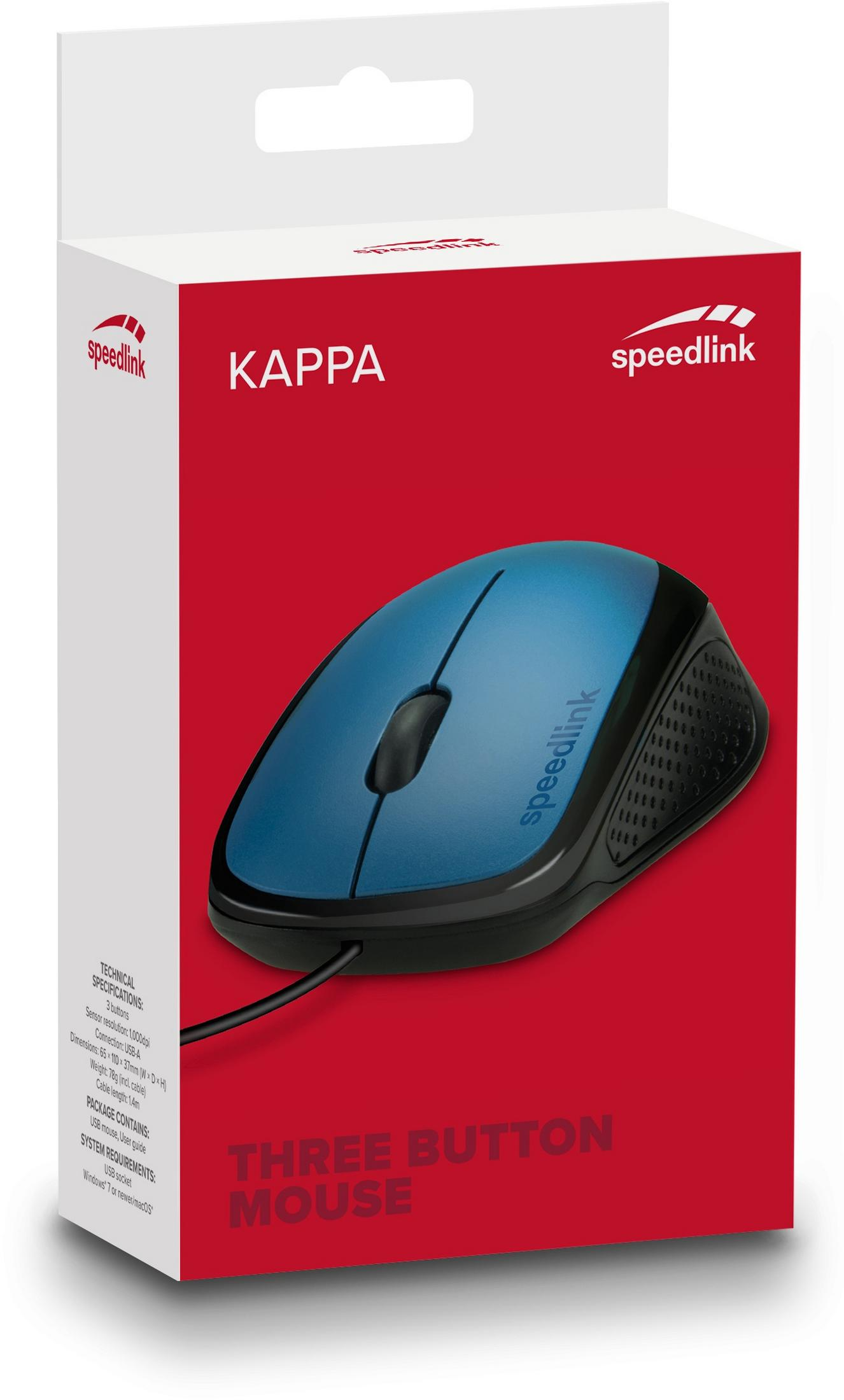 Blaue und schwarze Drei-Tasten-Maus in einer roten Box. Marke: Speedlink.