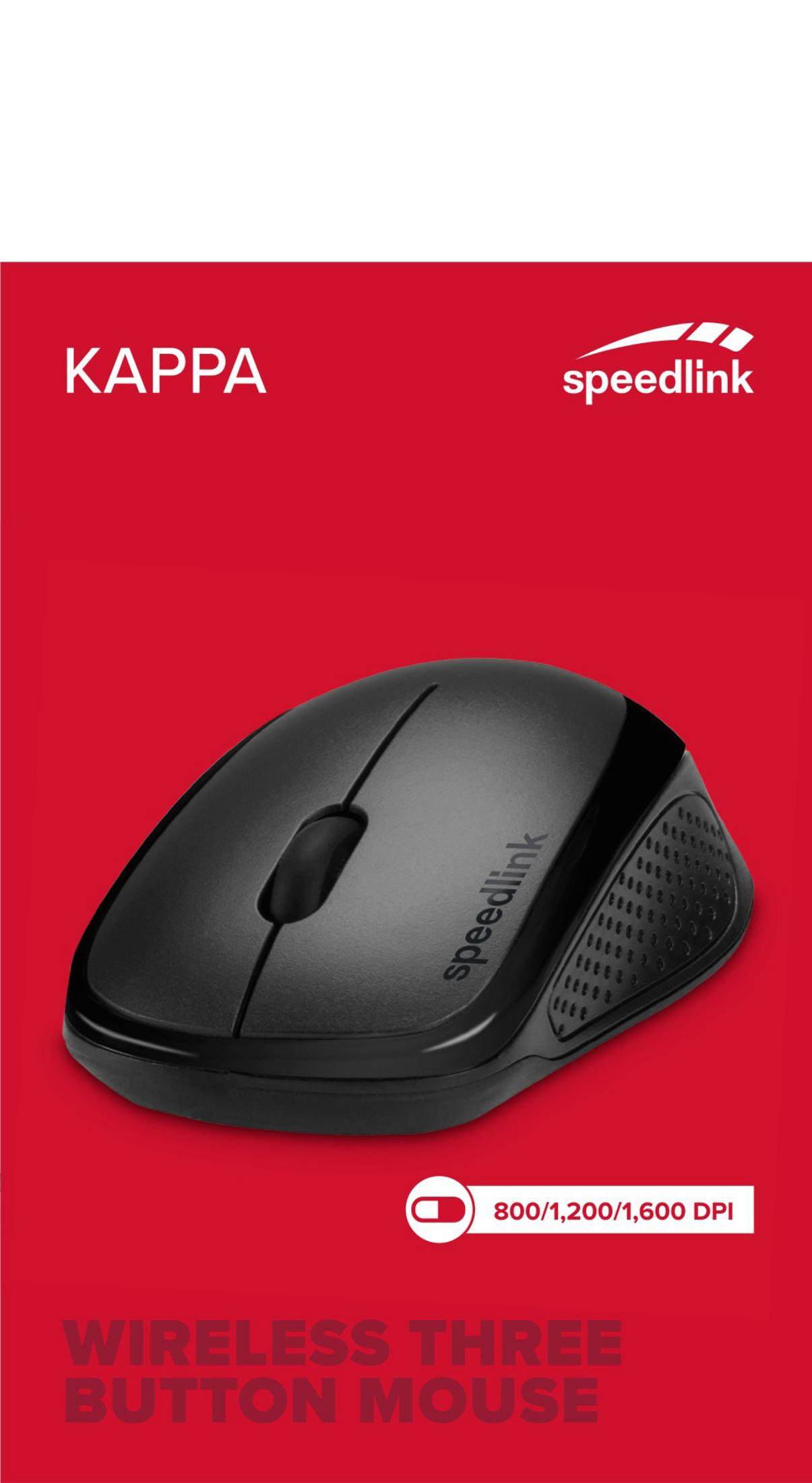 Czarna bezprzewodowa mysz Speedlink z nazwą marki na czerwonym tle, ze szczegółami DPI.