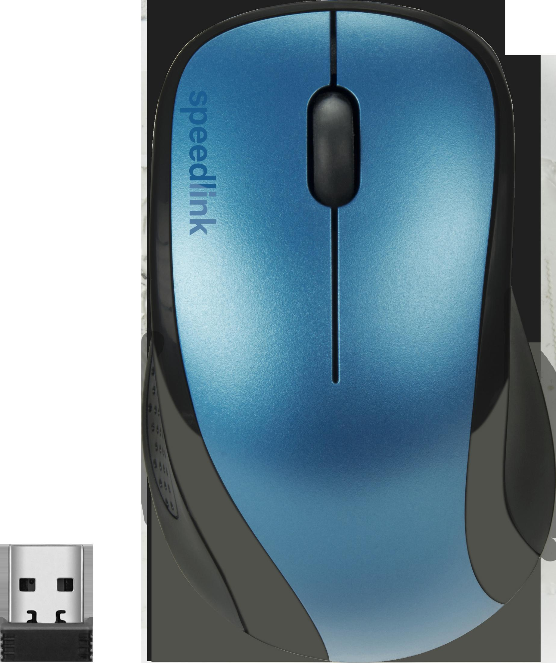 Une souris d'ordinateur bleue et noire avec le logo Speedlink. Un récepteur USB en bas à gauche.