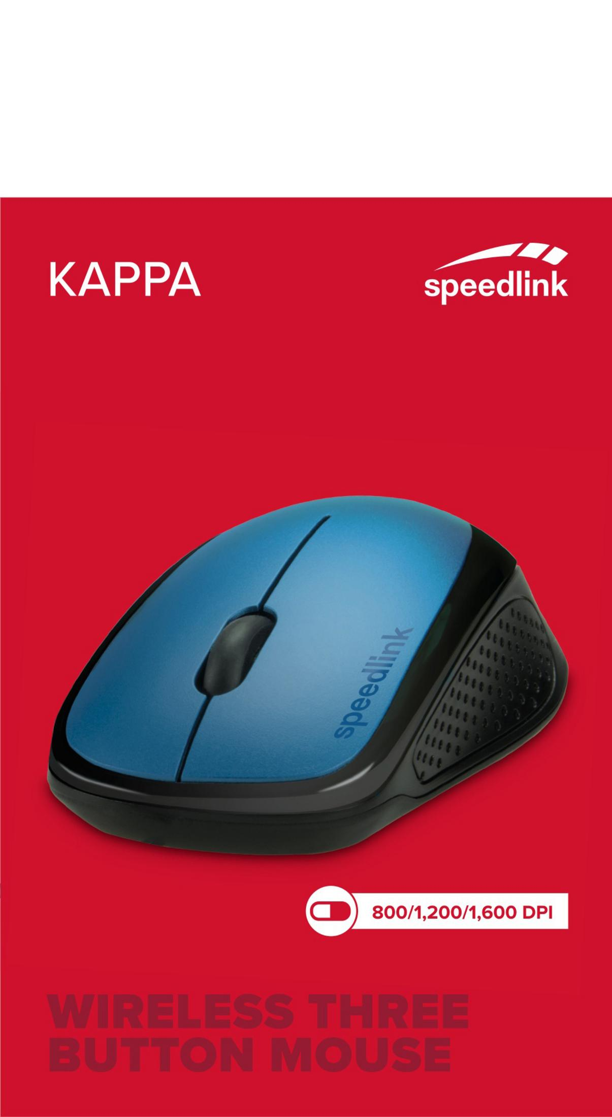 Souris sans fil bleue et noire sur fond rouge avec texte Speedlink.
