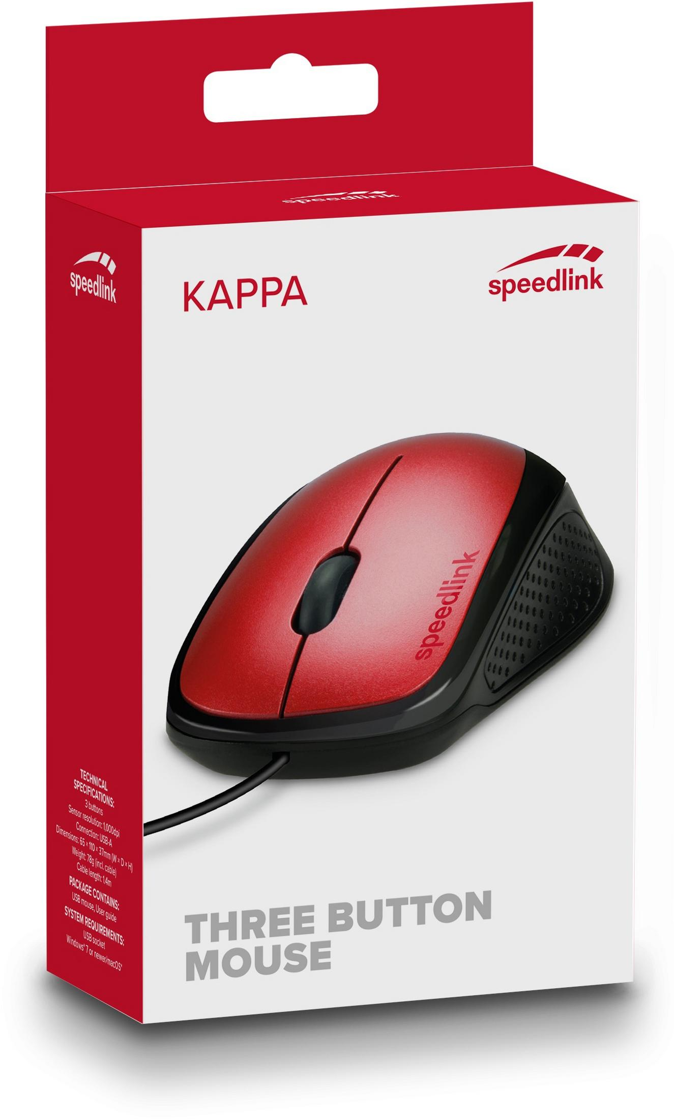 Rote und schwarze Computermaus in einer weißen Box. Auf der Box steht: Three Button Mouse.