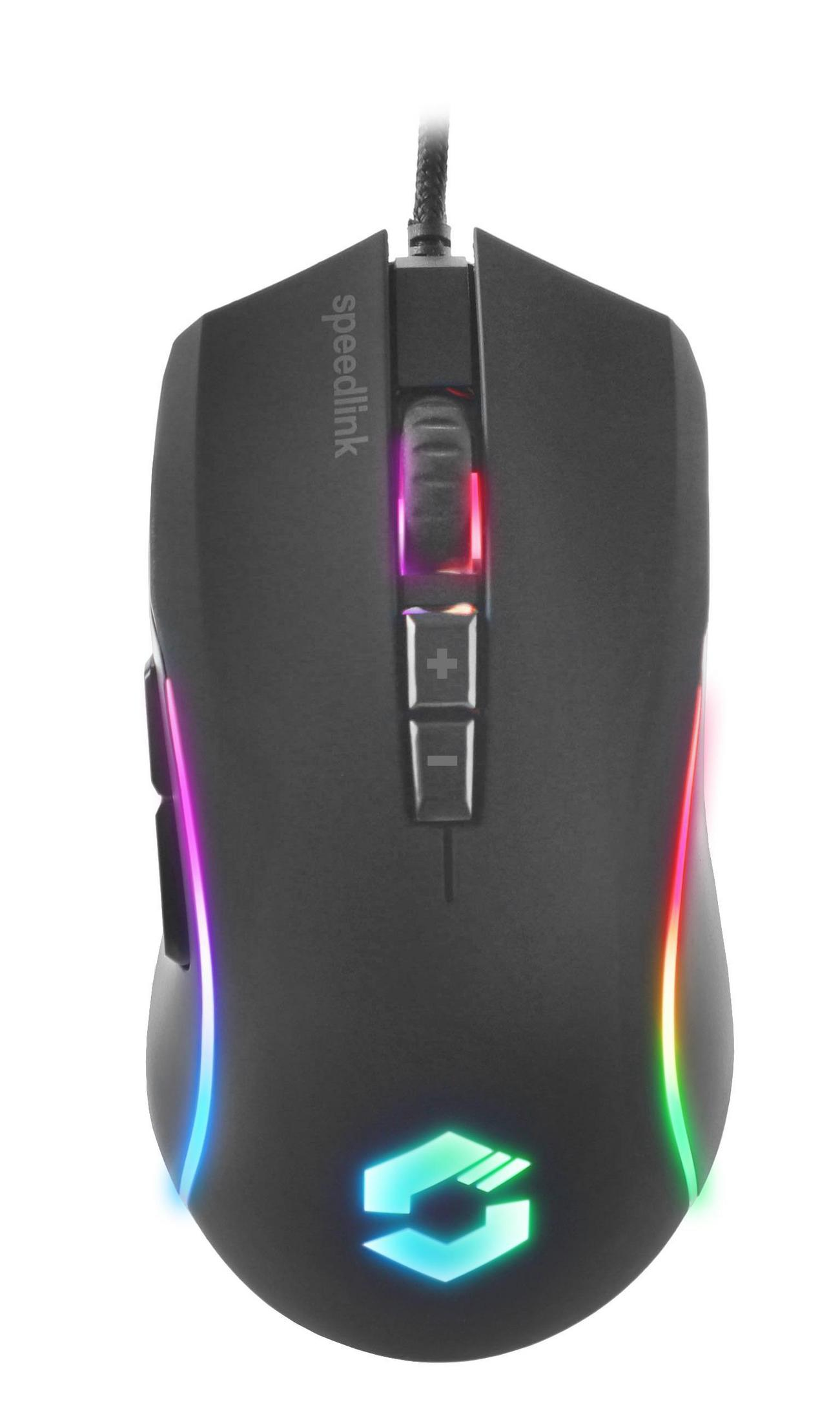 Schwarze Gaming-Maus mit farbigen Lichtern. Sie hat Tasten und ein Scrollrad. Der Markenname ist Speedlink.