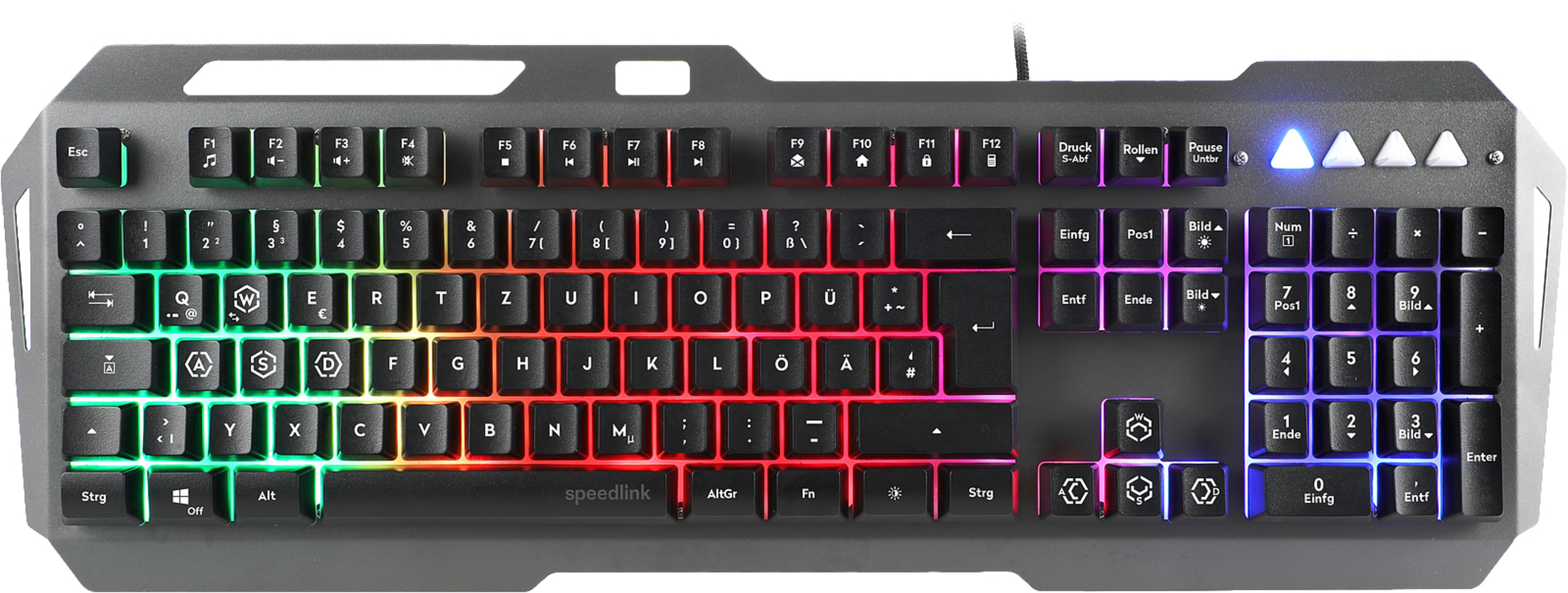 Eine schwarz-graue Computertastatur mit Regenbogenfarben und Speedlink-Branding.