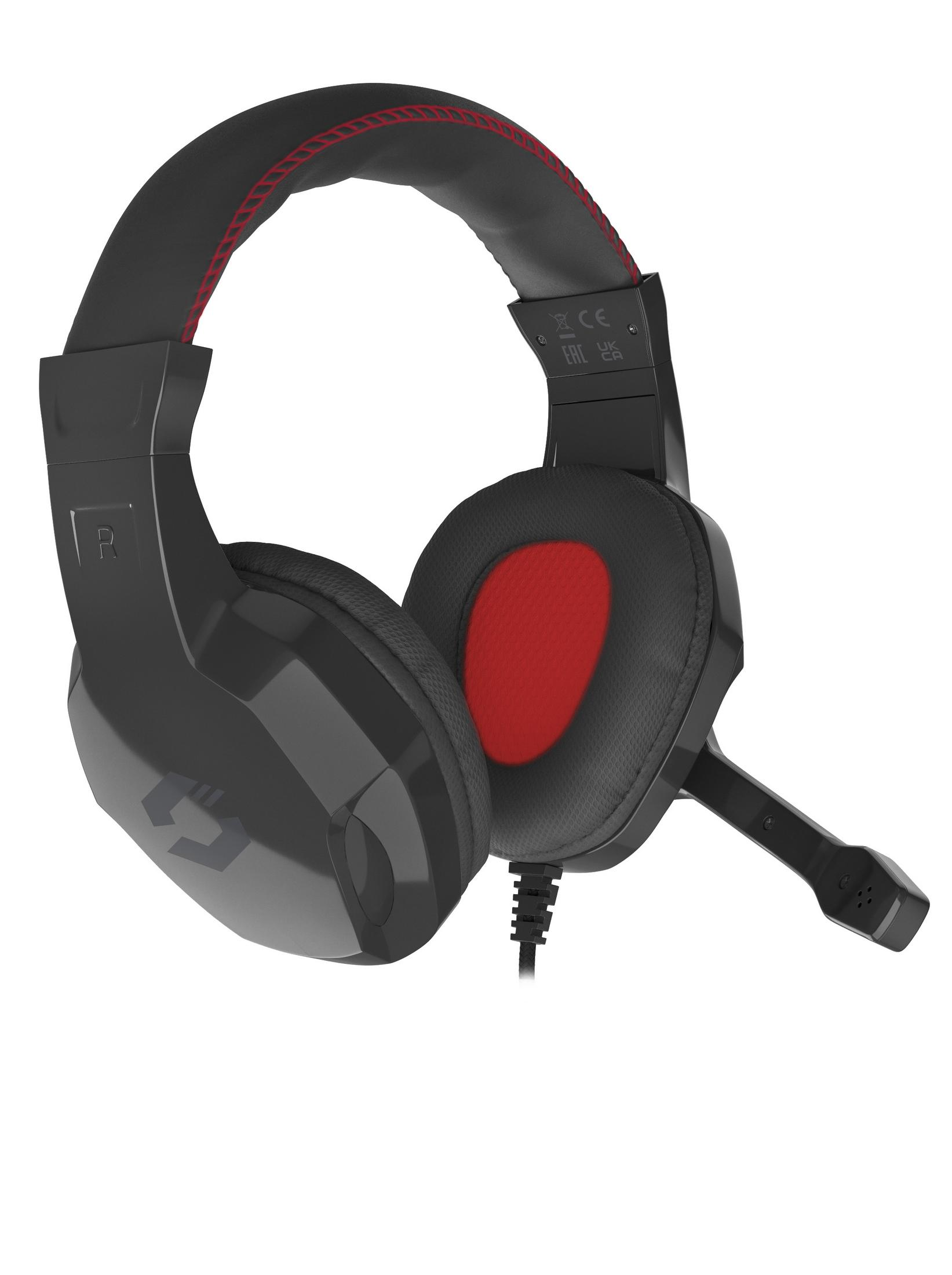 Schwarzes Gaming-Headset mit roten Akzenten und Mikrofon, auf weißem Grund.