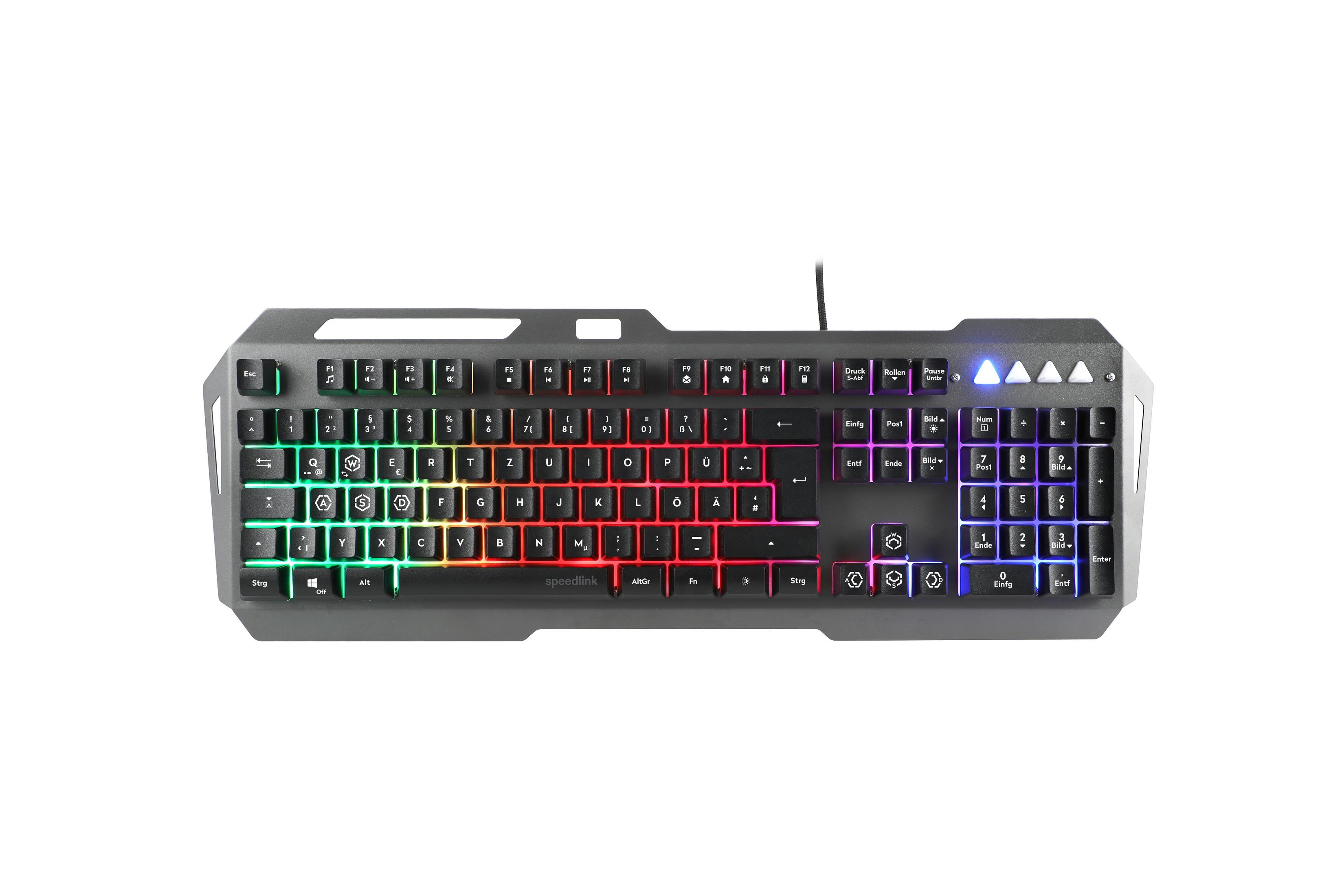Eine silberne und schwarze Tastatur mit regenbogenfarbenen Tasten.