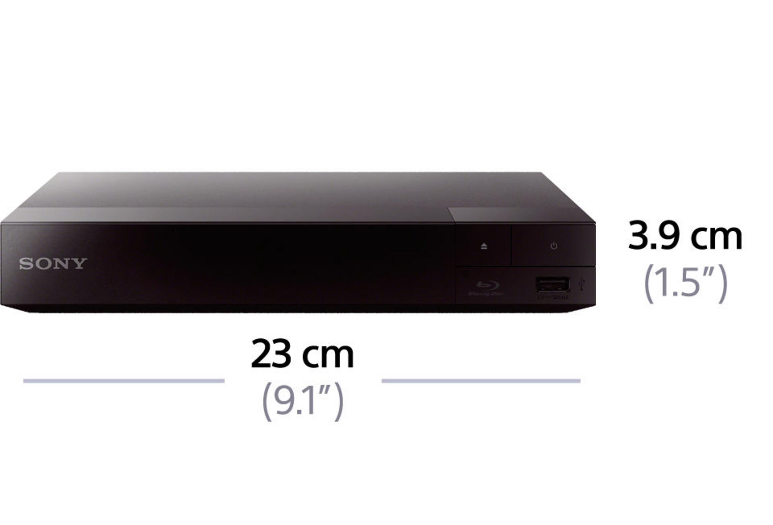 Schwarzer Blu-ray-Player mit 'SONY'-Etikett, Maße in cm und Zoll.
