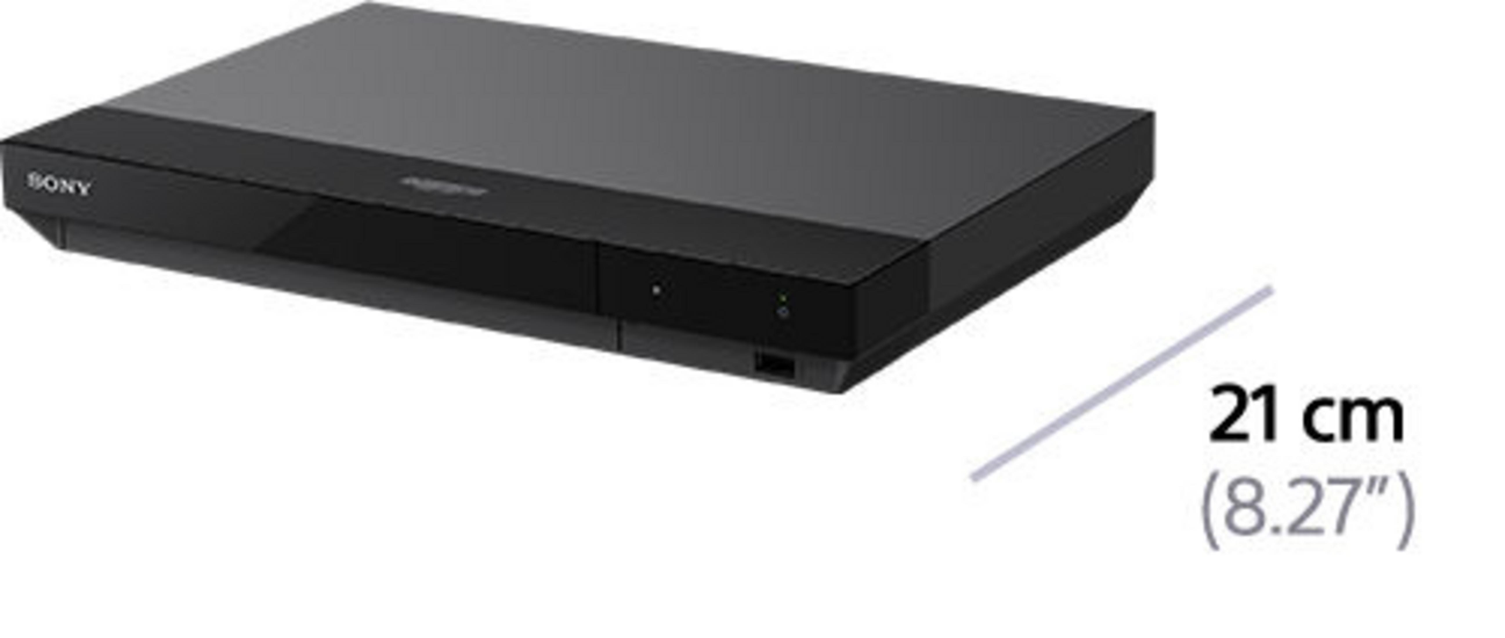 Zwarte Sony Blu-ray speler met een horizontaal ontwerp en een meetlabel van 21 cm.