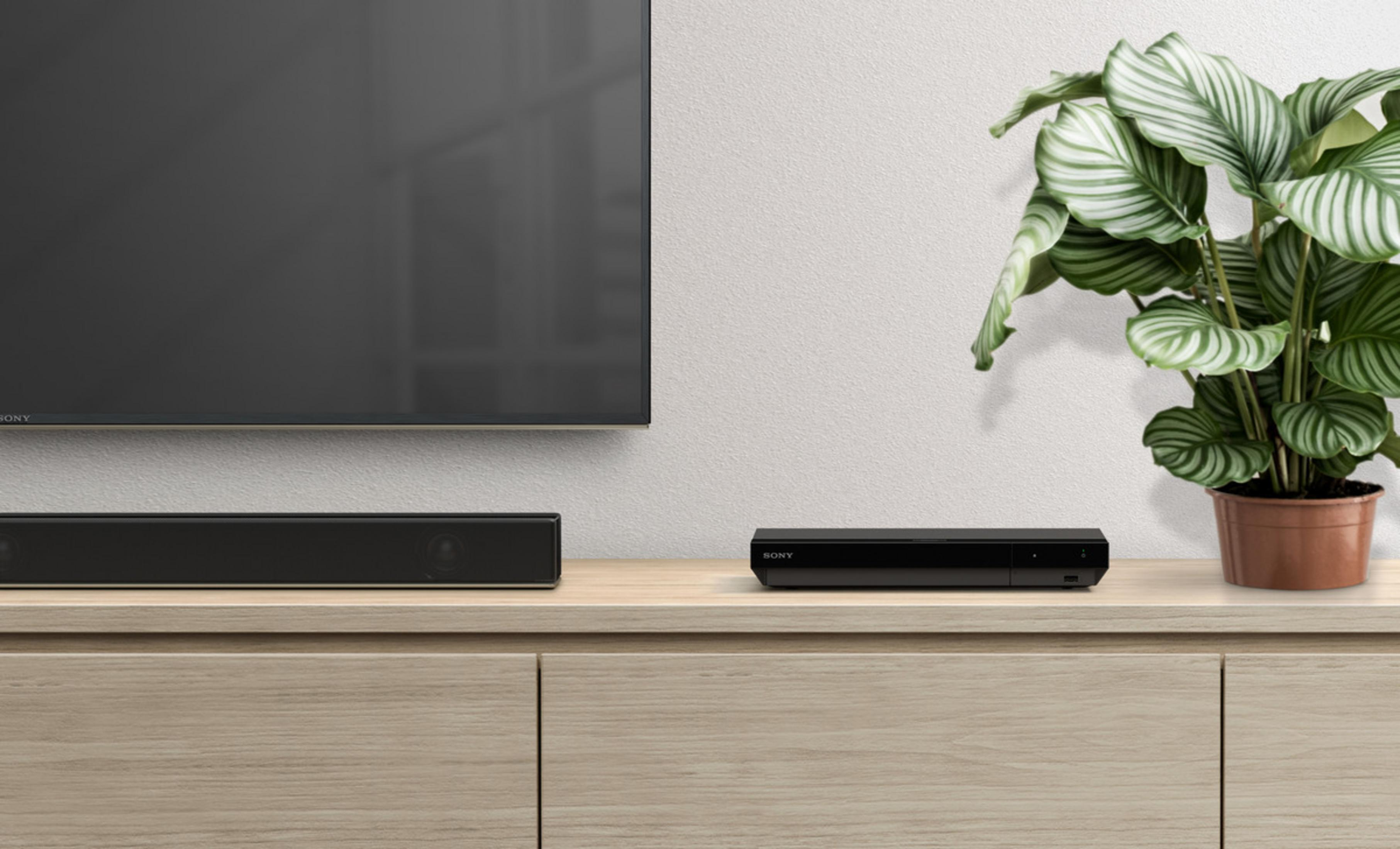 Een tv en soundbar op een houten kast. Een plant staat rechts en een Blu-ray speler staat op de kast.