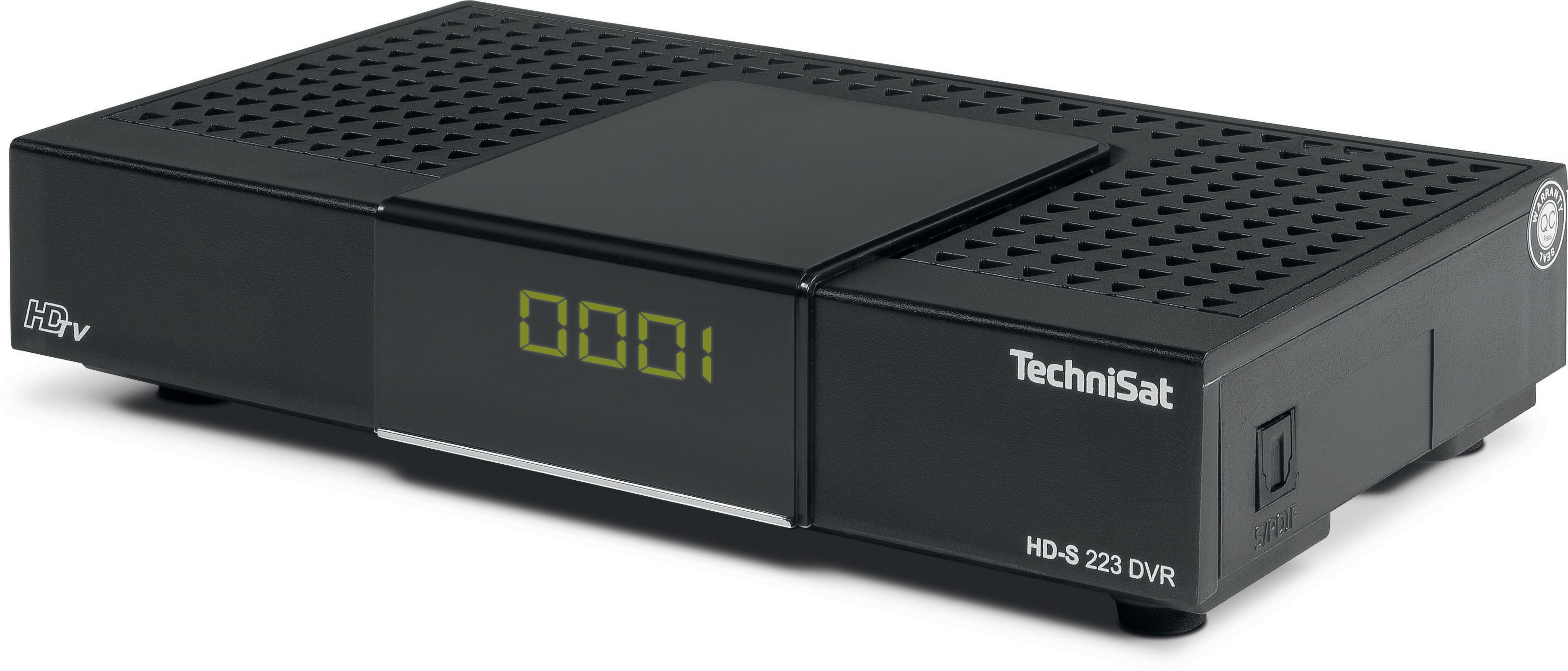 Schwarzer TechniSat HD-S 223 DVR. Die Frontplatte zeigt eine grüne Anzeige und das TechniSat-Logo.