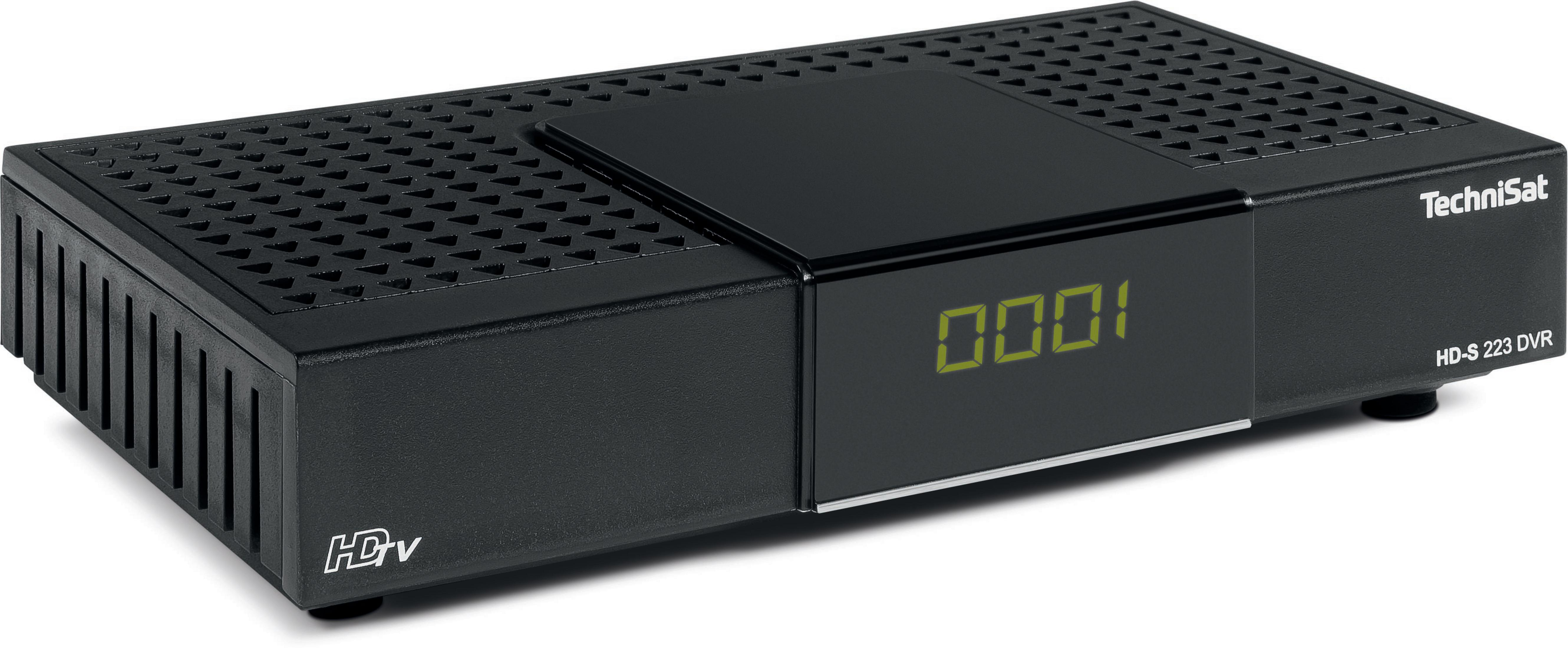 Schwarzes TechniSat HD-S 223 DVR Gerät. Verfügt über ein Display mit '0001'. Gitterartiges Design oben.
