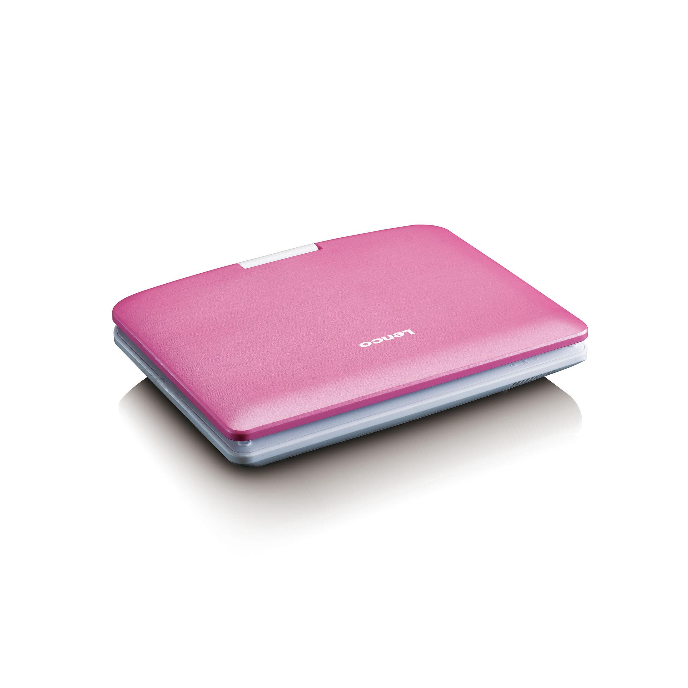 Een roze Lenco dvd-speler, gesloten, met een witte rand op een wit oppervlak.
