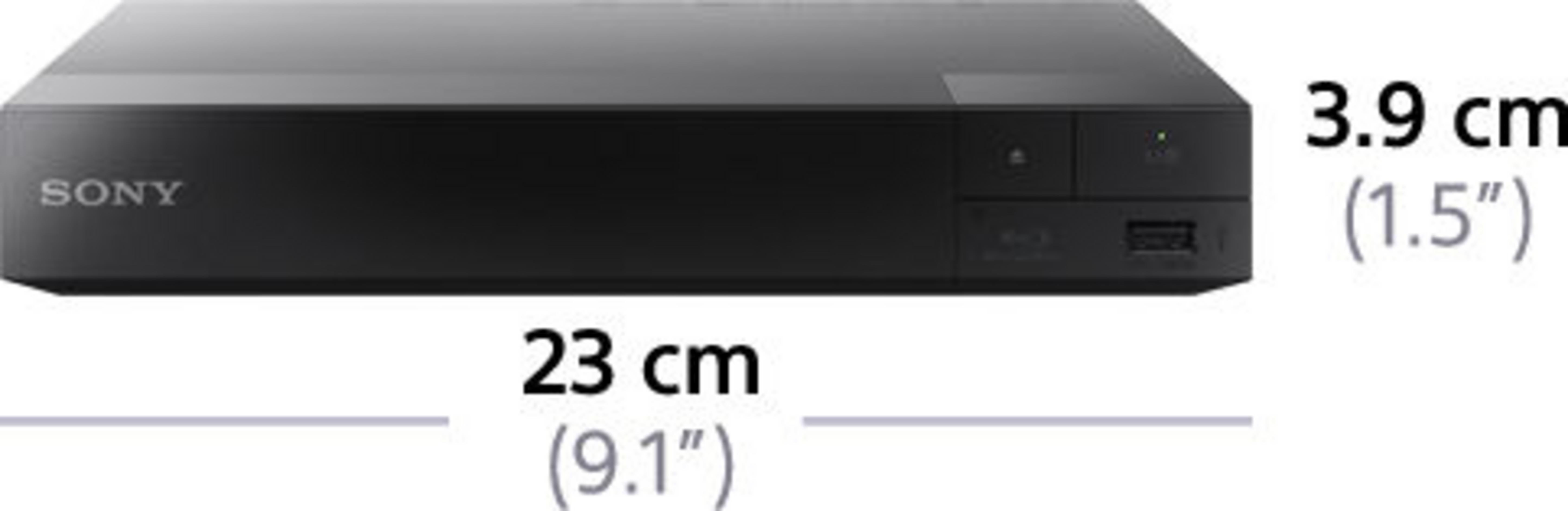 Un lettore Blu-ray Sony nero. Le dimensioni sono fornite in centimetri e pollici.