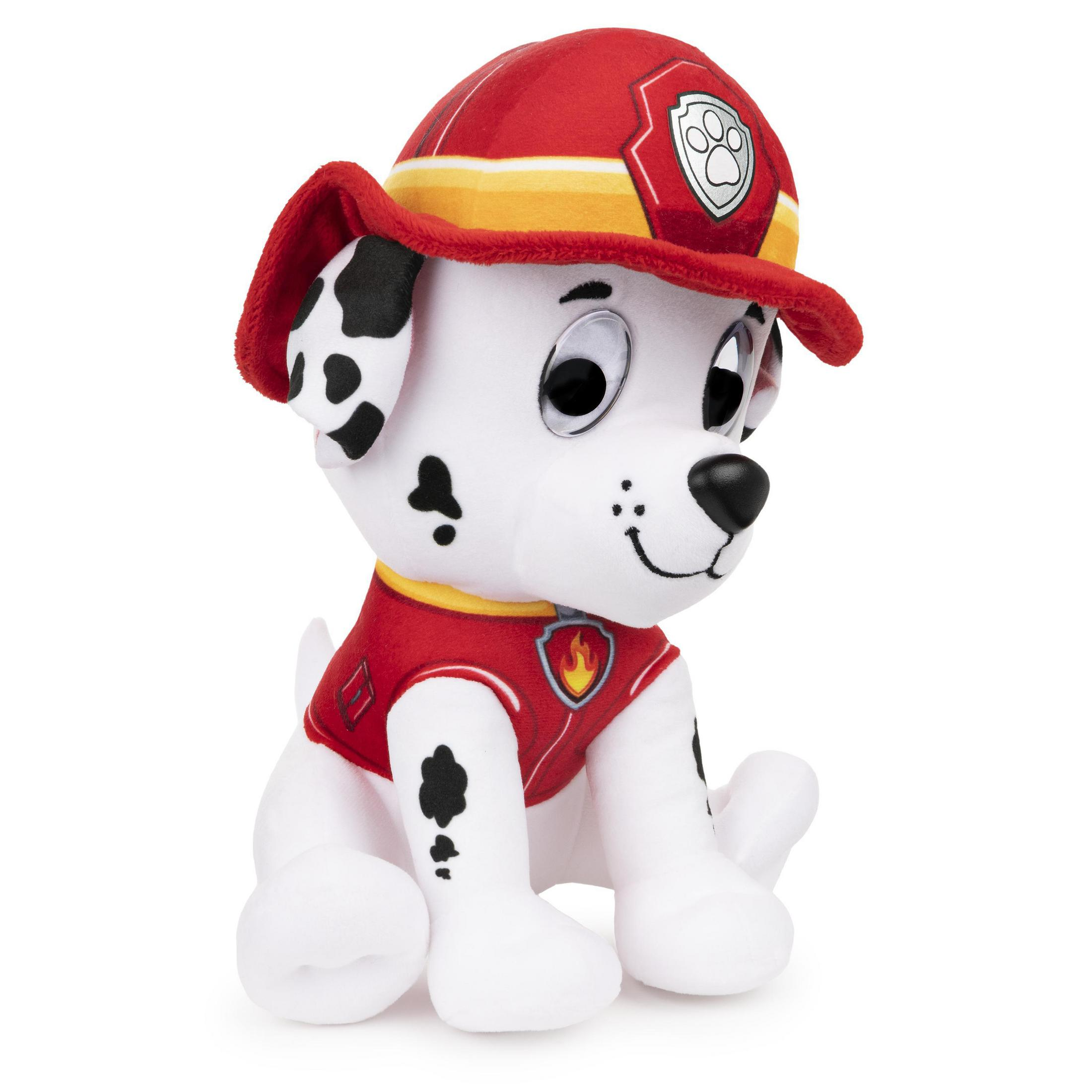 Biało-czerwona pluszowa zabawka Marshalla z kreskówki Paw Patrol.