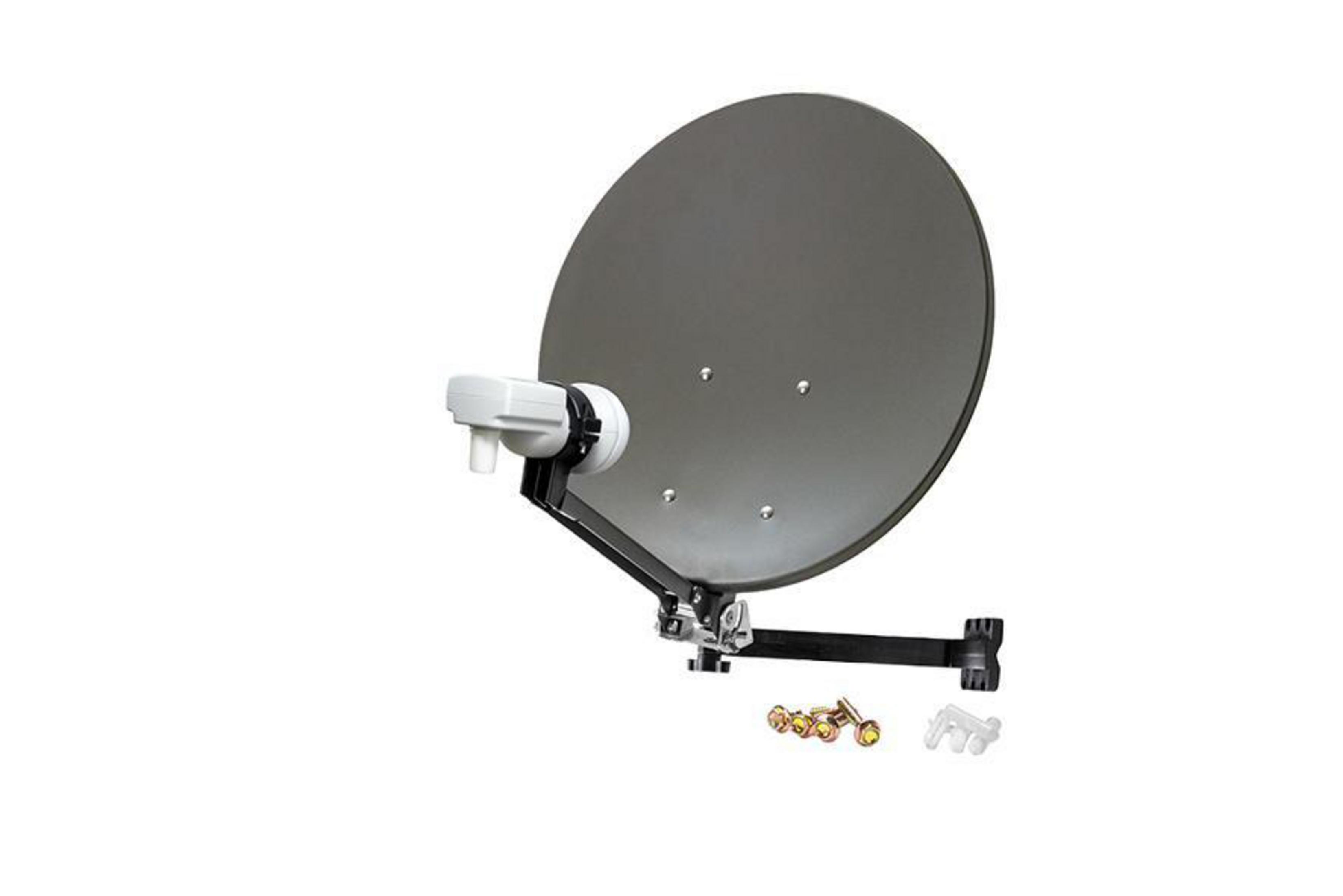 Eine Satellitenschüssel mit Stützarm, auf weißem Hintergrund.