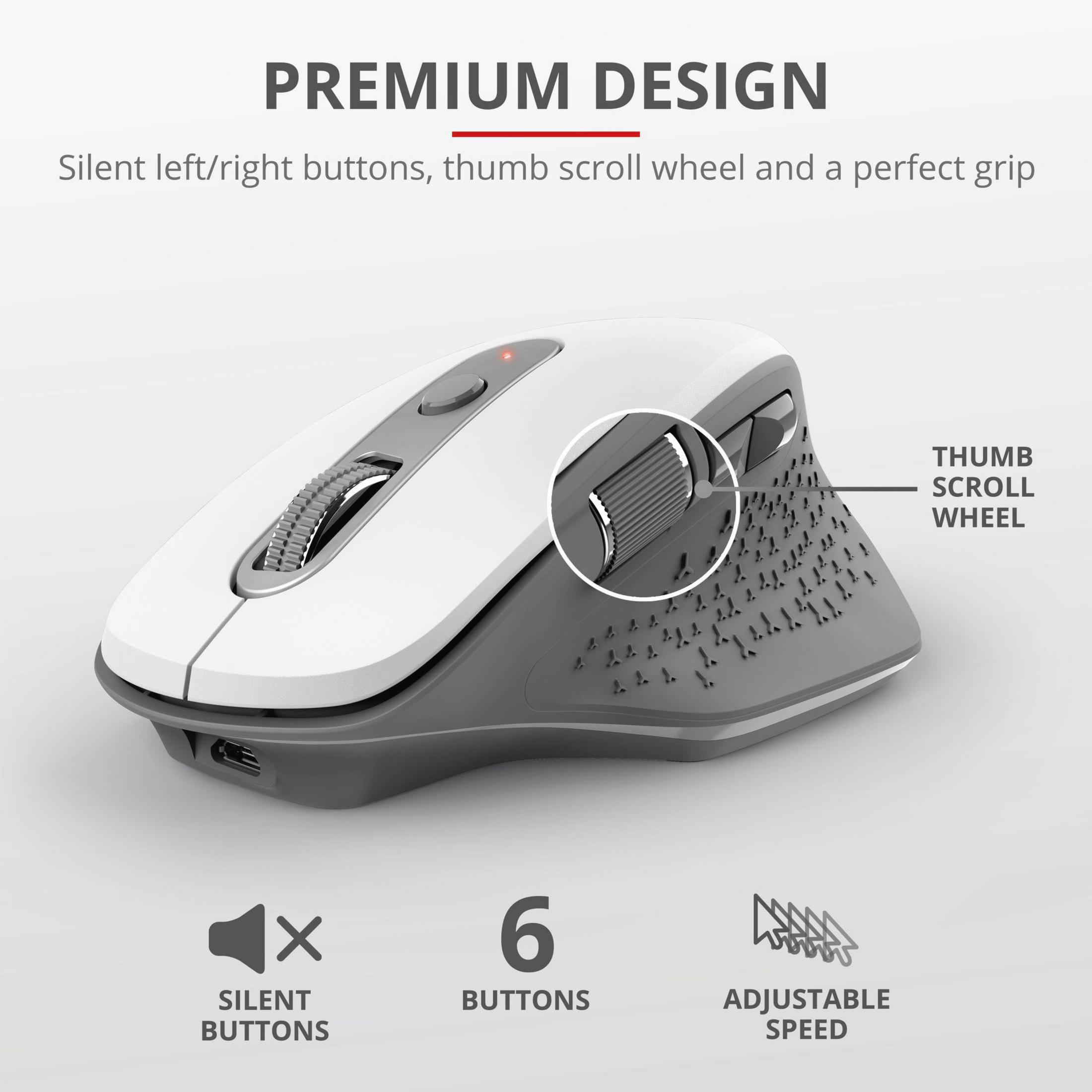 Biało-szara mysz z kółkiem przewijania i przyciskami. Tekst: 'Premium Design'.