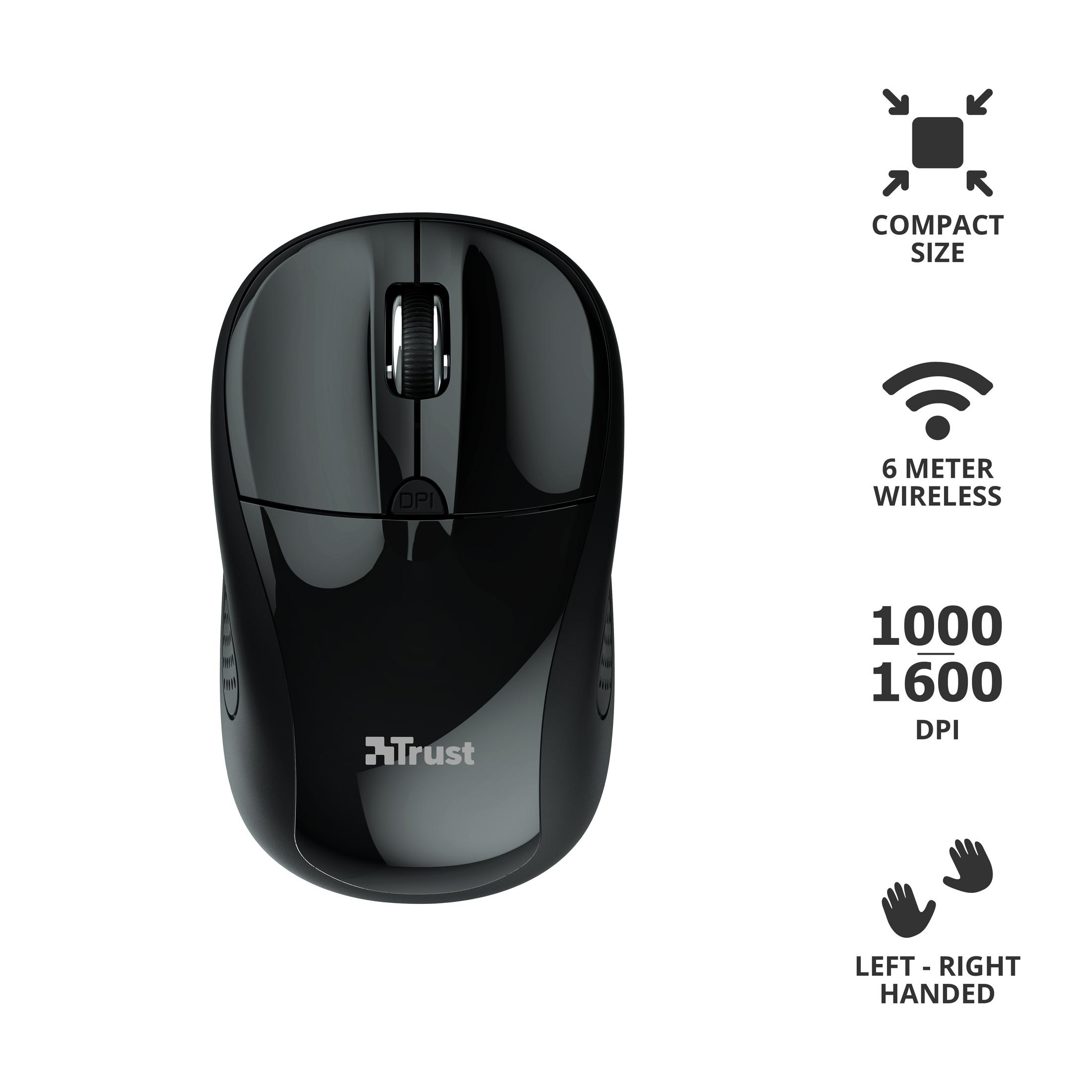 Eine schwarze kabellose Maus mit Scrollrad und Tasten. Text zeigt DPI und Handfertigkeit an.