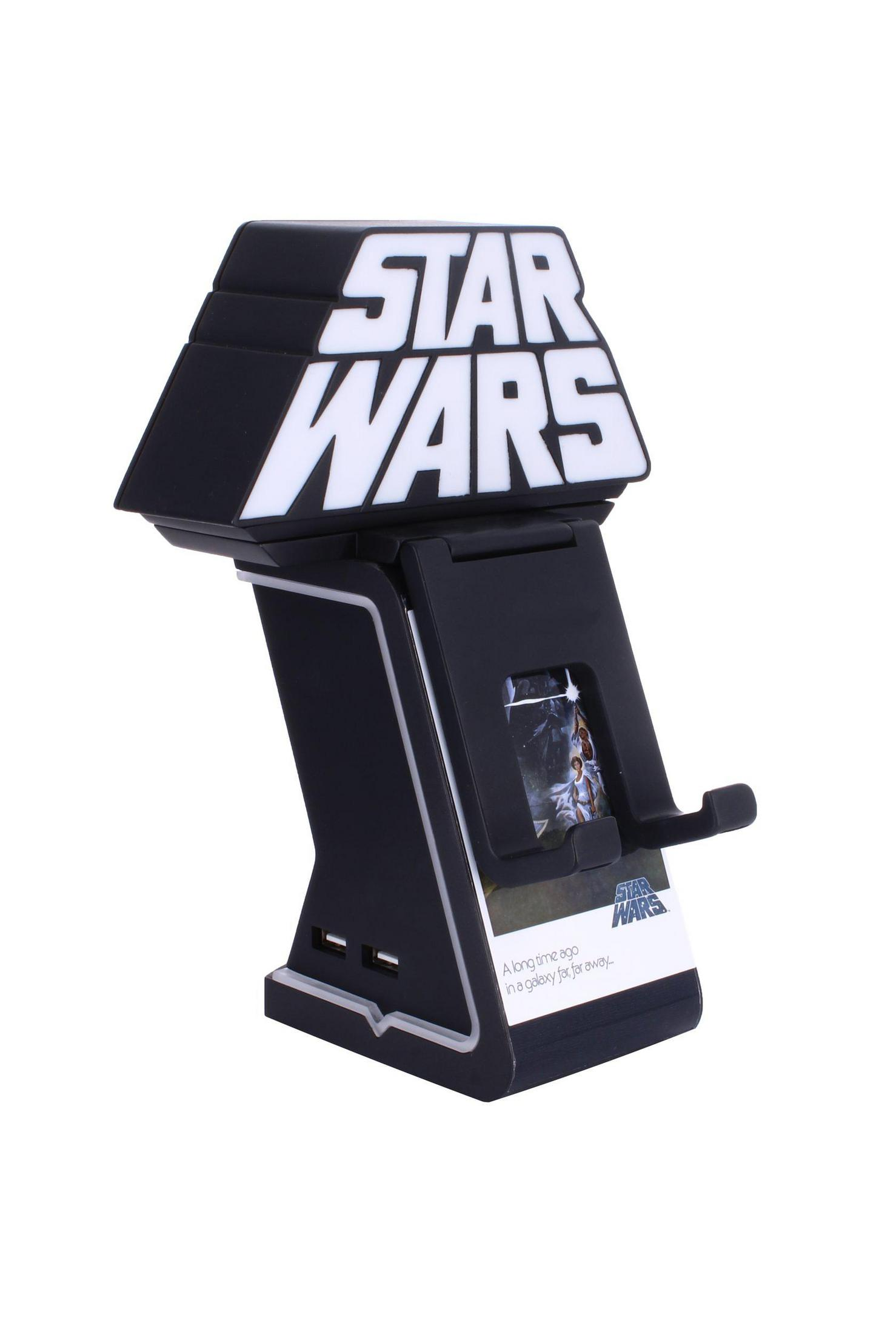 Star Wars Telefonständer mit Logo und einem Bild einer Szene.