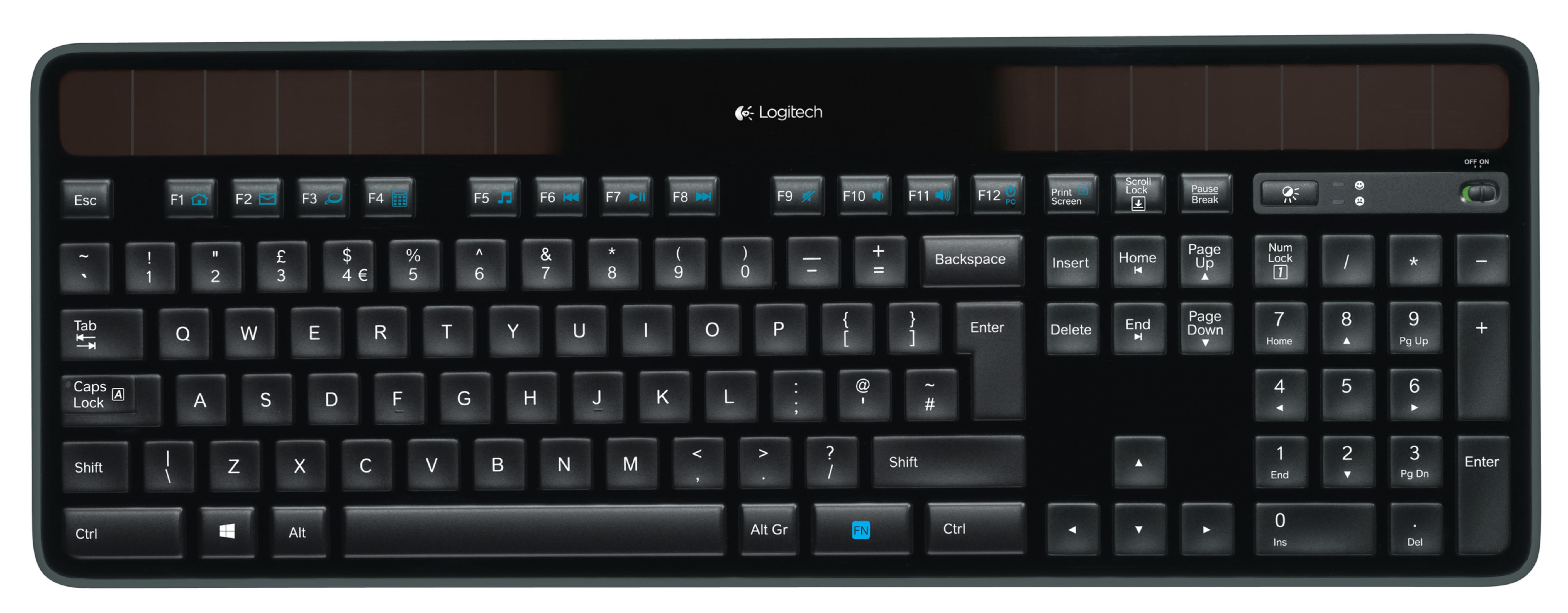 Czarna klawiatura z panelem słonecznym, pokazująca klawisze i przyciski funkcyjne.