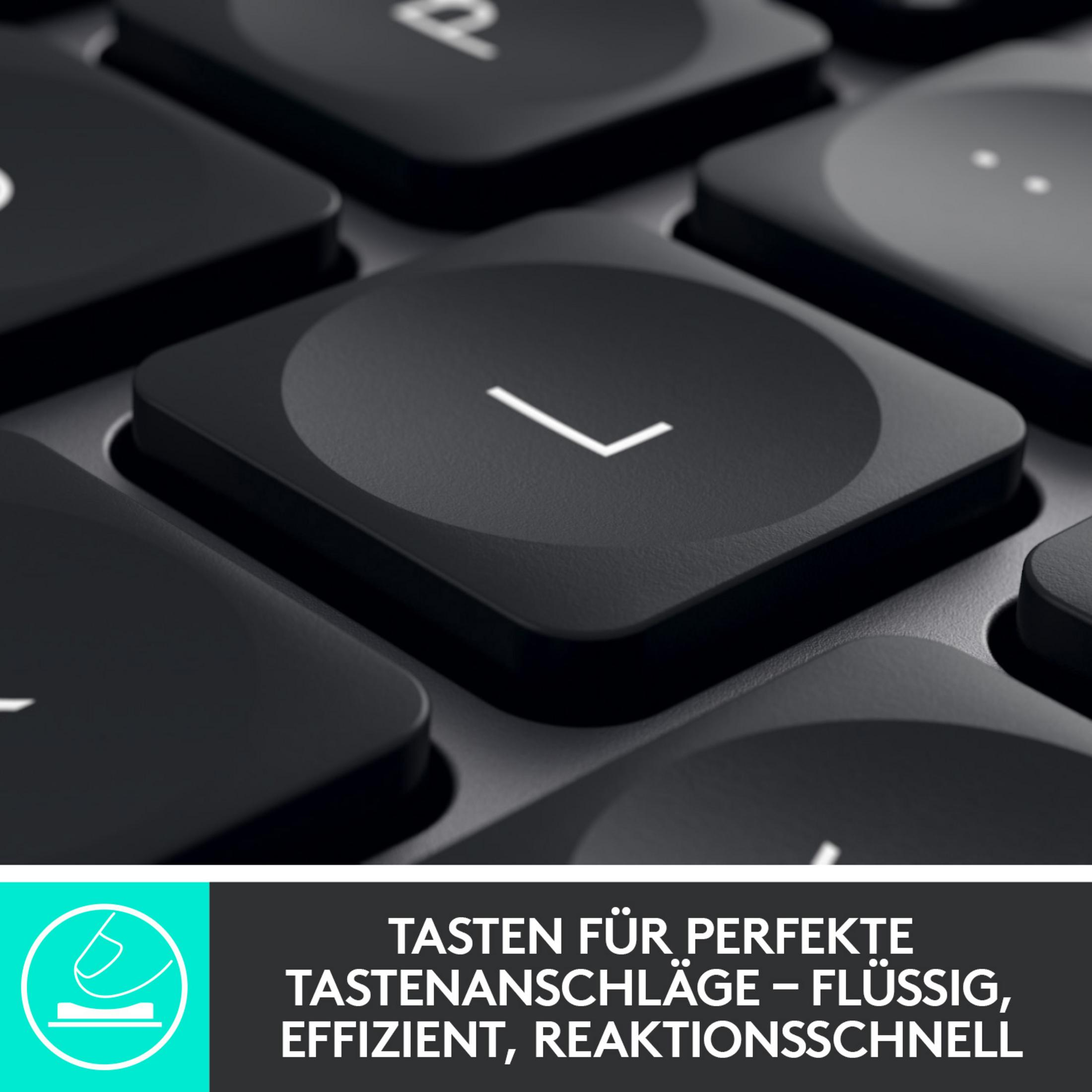 Nahaufnahme von schwarzen Tastaturtasten, wobei der Buchstabe 'L' weiß hervorgehoben ist.