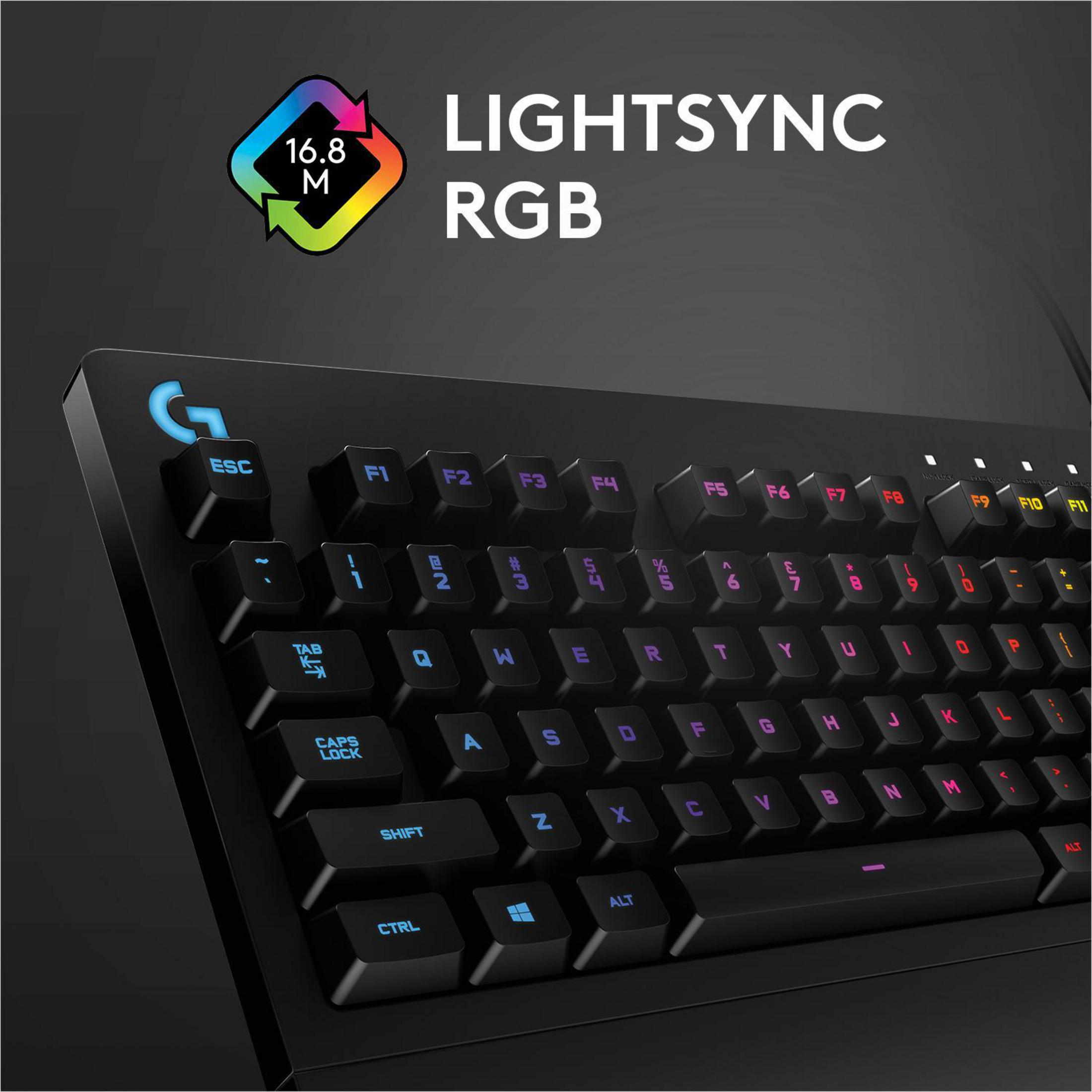 Czarna klawiatura gamingowa z kolorowymi klawiszami. Tekst: "LIGHTSYNC RGB" i pokazuje kolor tęczy.