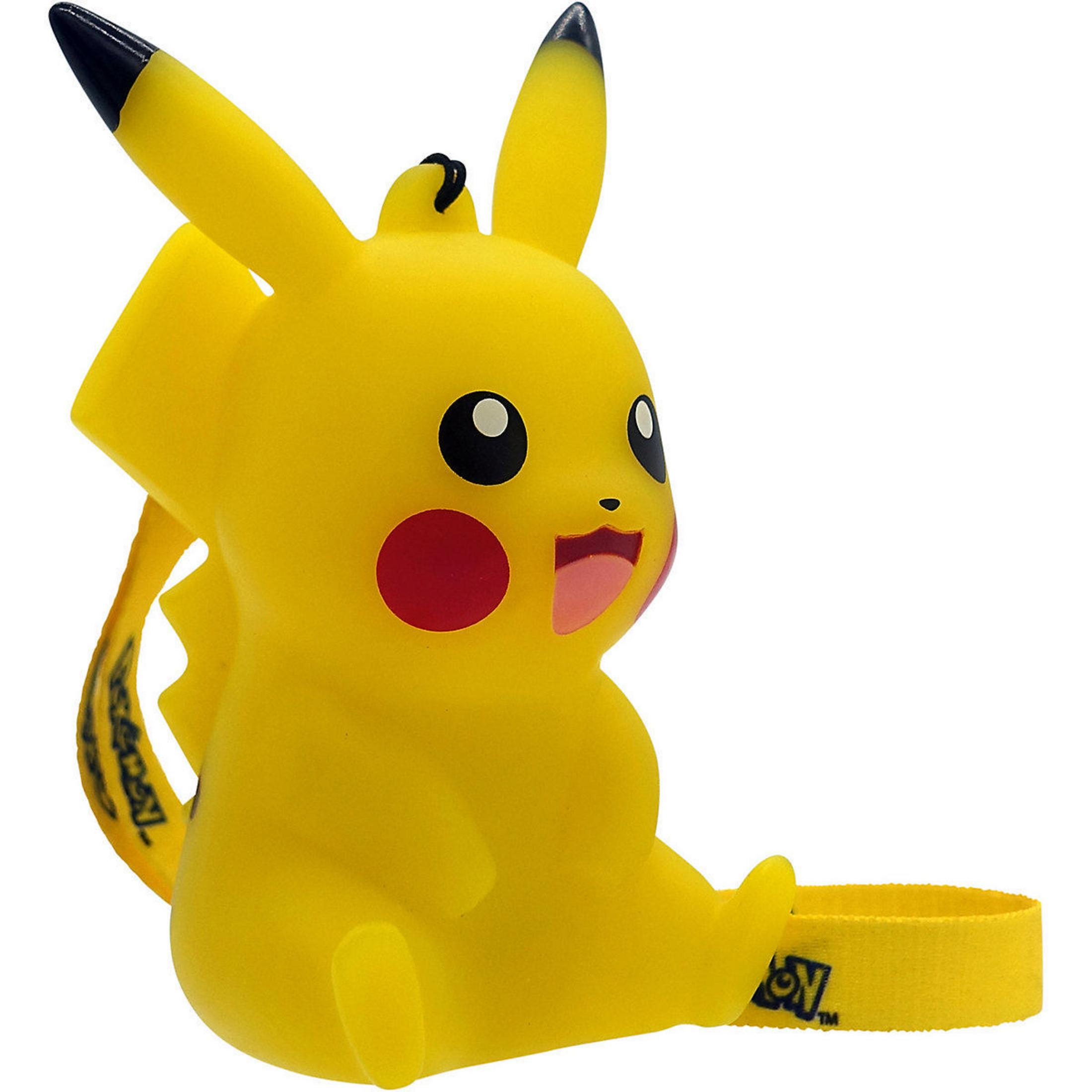 Figura amarilla de Pikachu con orejas negras, mejillas rojas y correa amarilla. Es un personaje Pokémon.