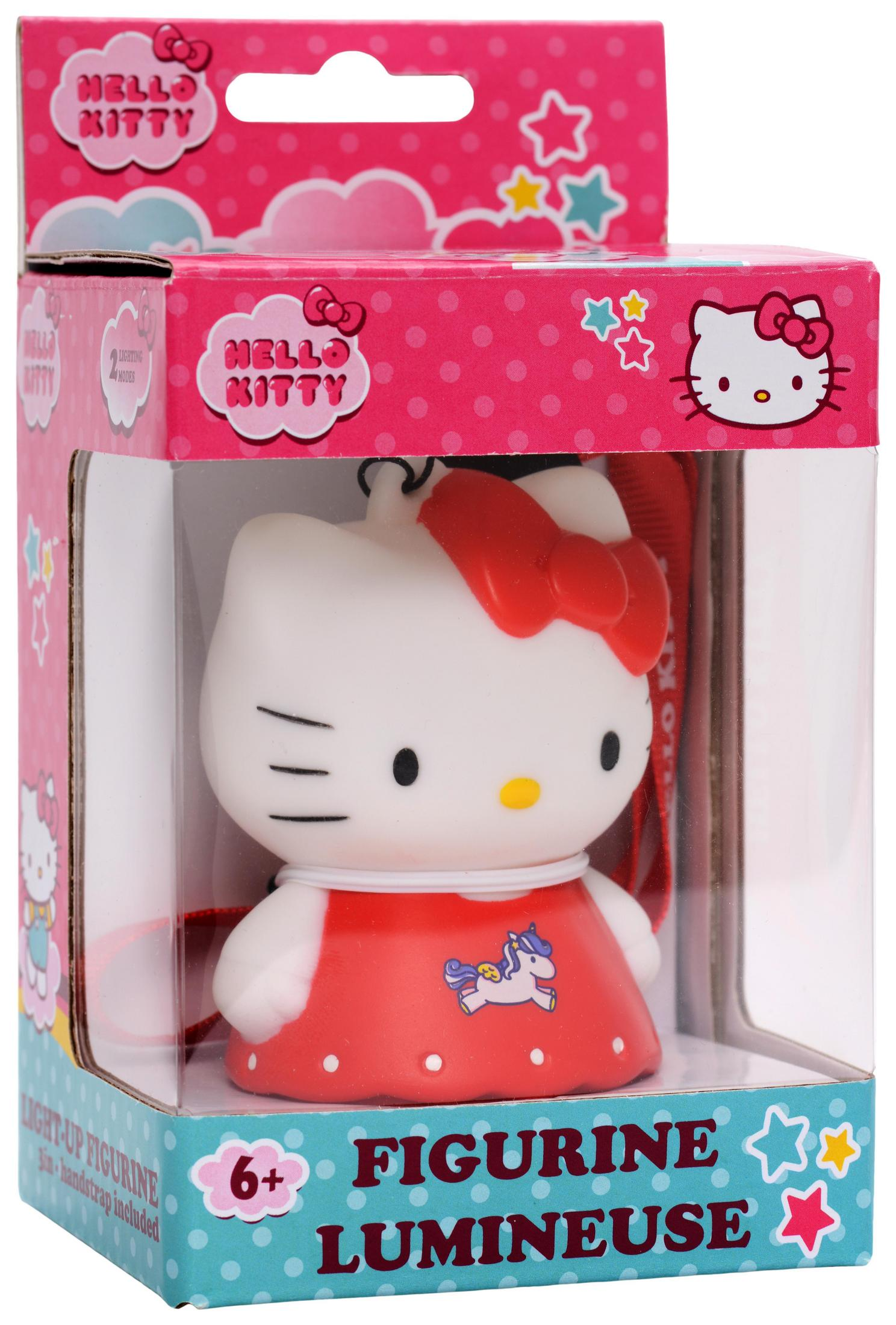 Hello Kitty Leuchtfigur in Box, rotes Kleid und Schleife.