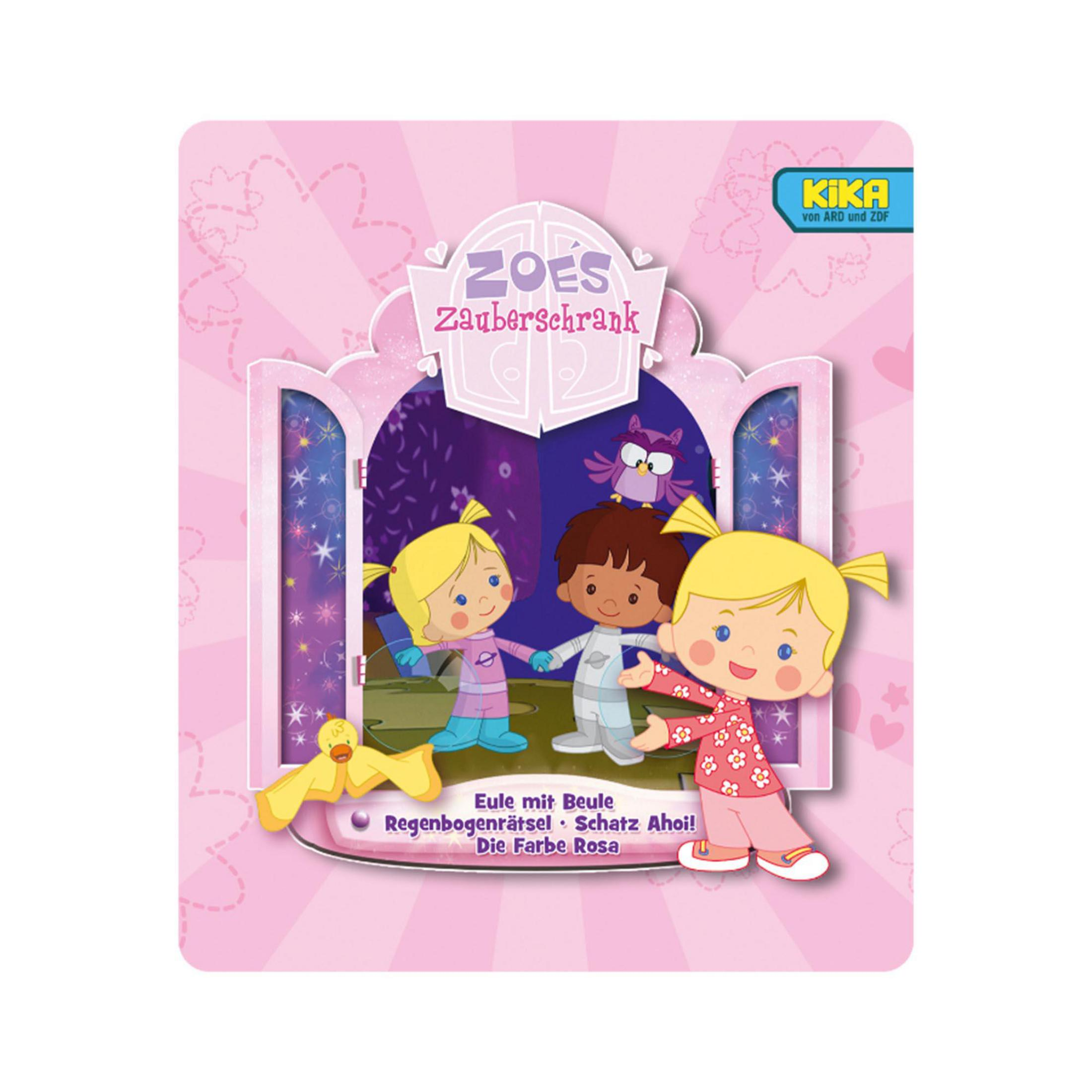 Illustration von drei Kindern in einem rosa Zimmer mit einer Puppe und einer lila Eule über einer rosa Tür.