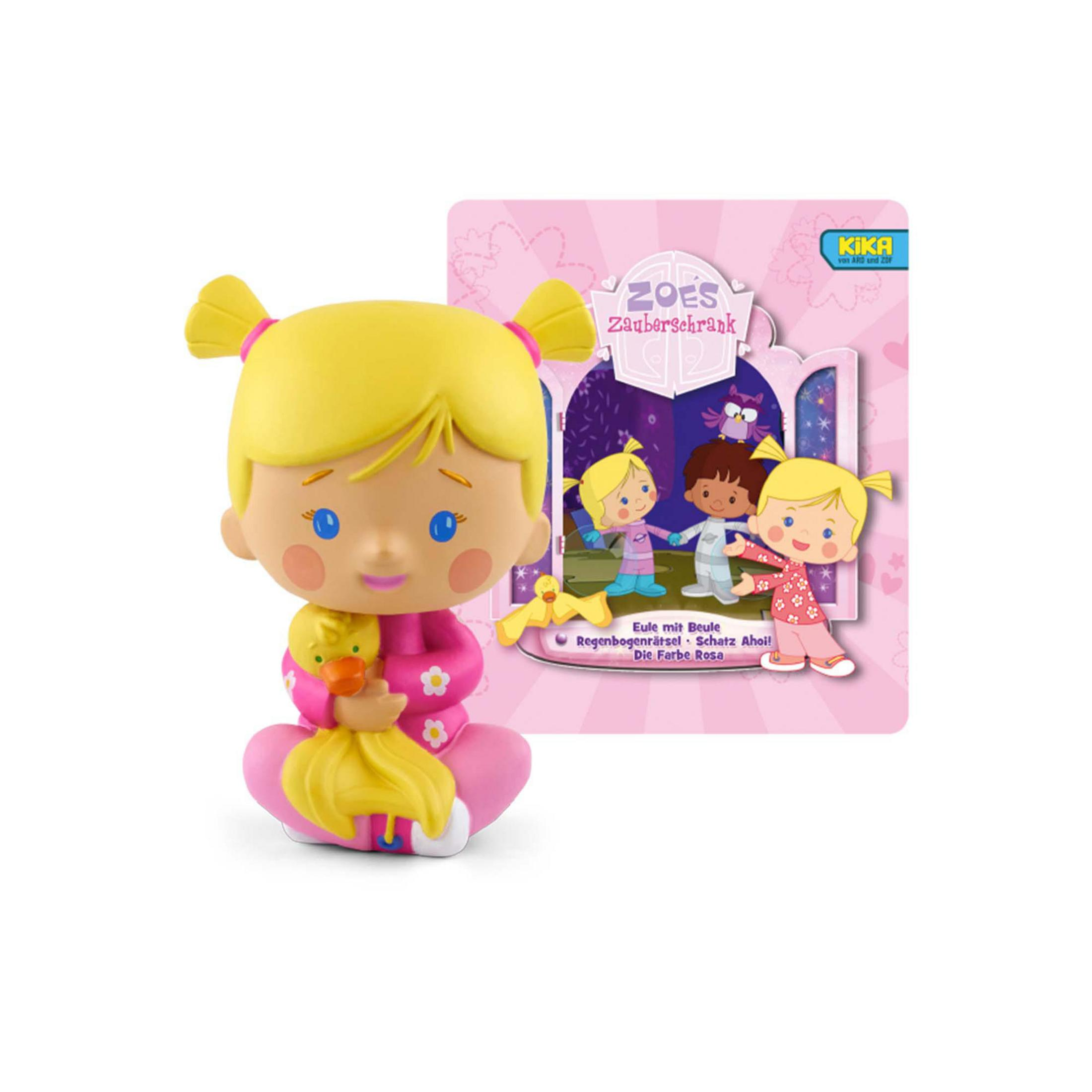 Eine Cartoonfigur eines Mädchens, das ein Entchen hält, und ein Buchcover mit Cartoon-Mädchen.