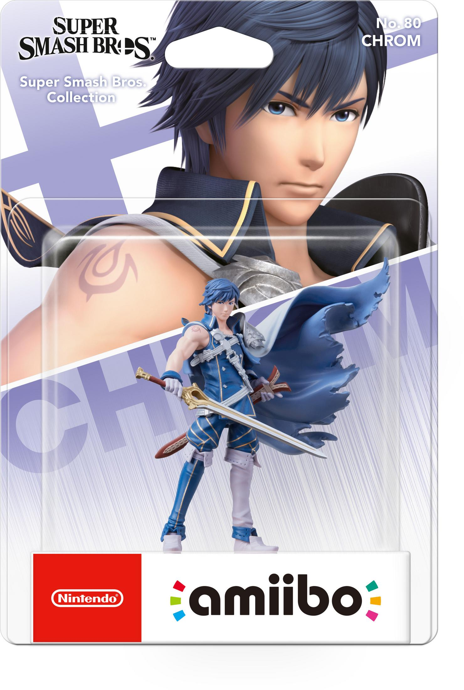 Figura Amiibo de Chrom de Super Smash Bros, en una vitrina de plástico.