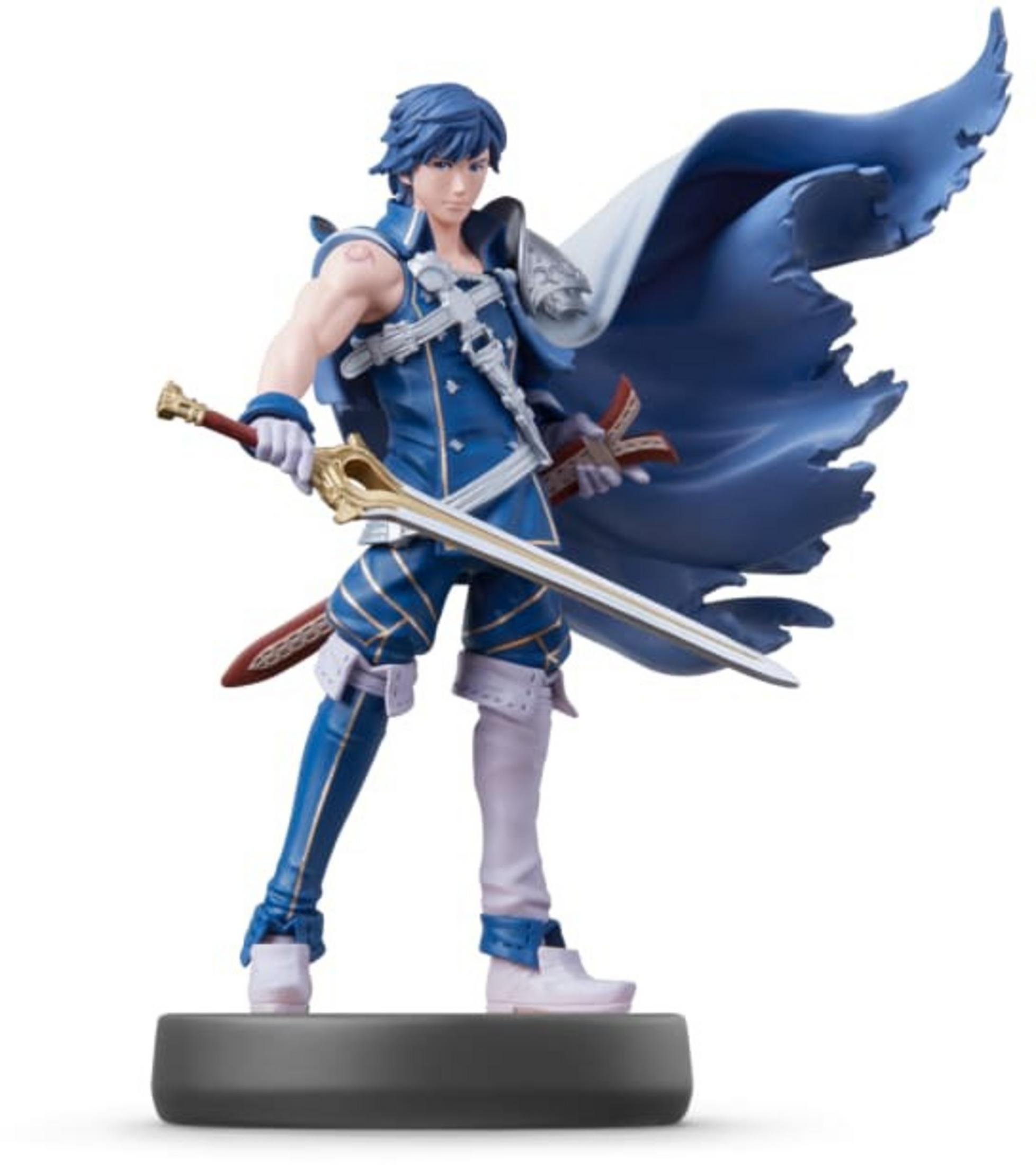 Figura de anime sosteniendo espadas, uniforme azul, capa blanca y gris.