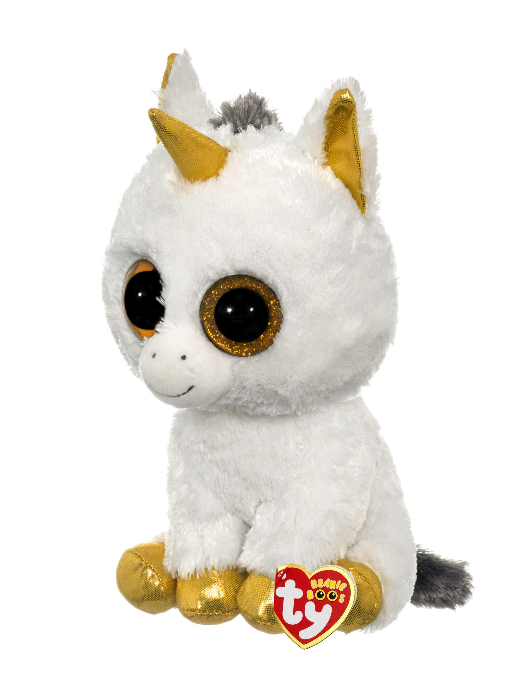 A white unicorn stuffed animal with gold hooves, horn, and large eyes.