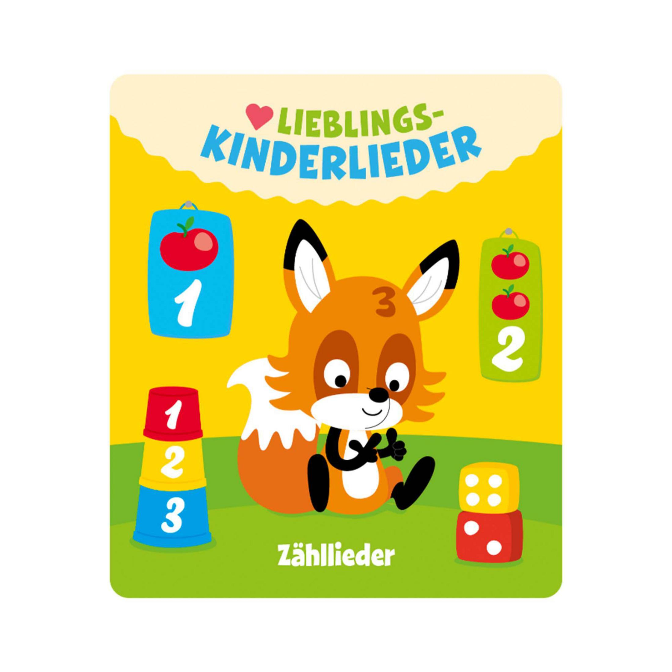 Ein Kinderbuchcover mit einem Fuchs, Zahlen und Äpfeln.