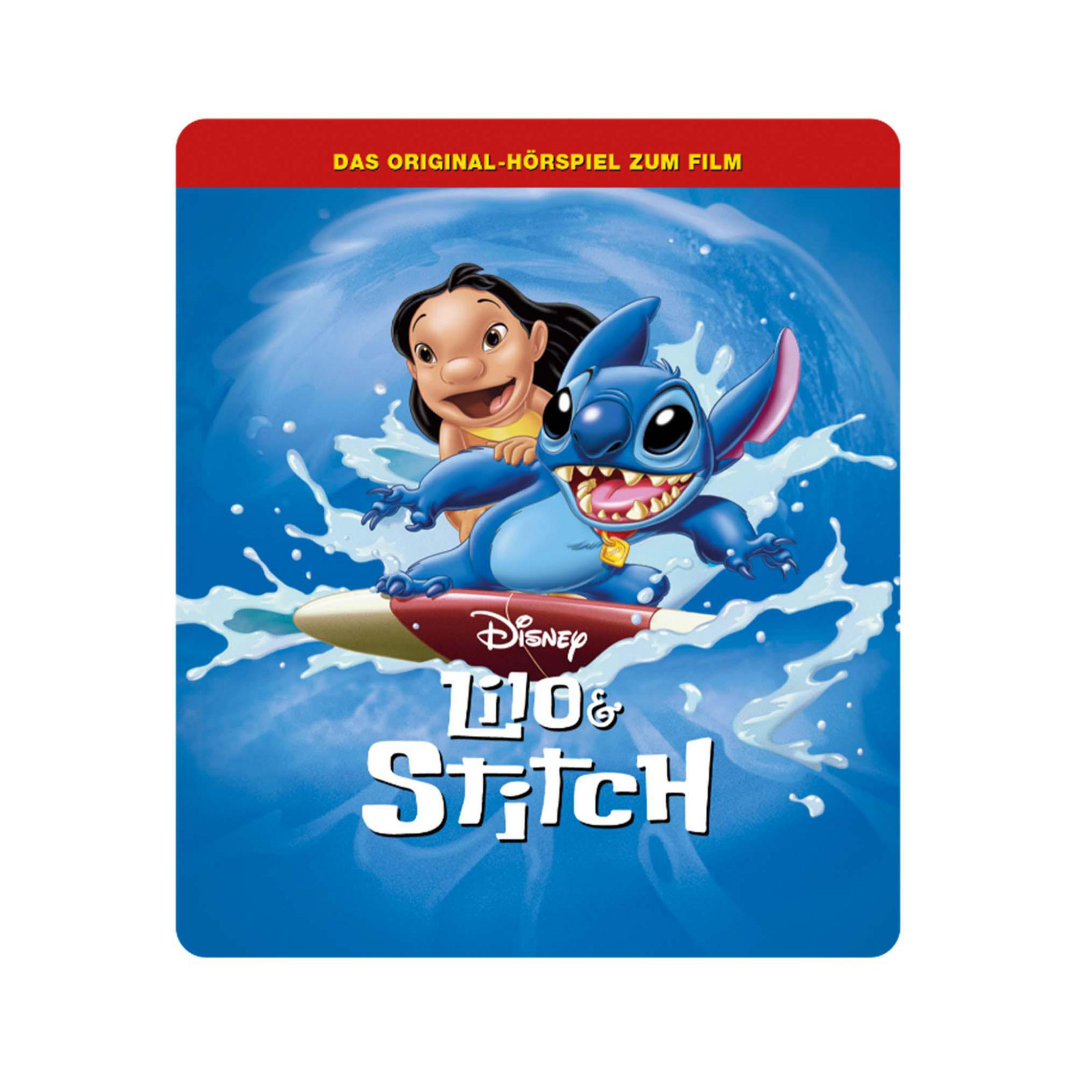 Ein Lilo & Stitch DVD-Cover. Lilo und Stitch surfen auf einem Surfbrett, blauer Wasserhintergrund.